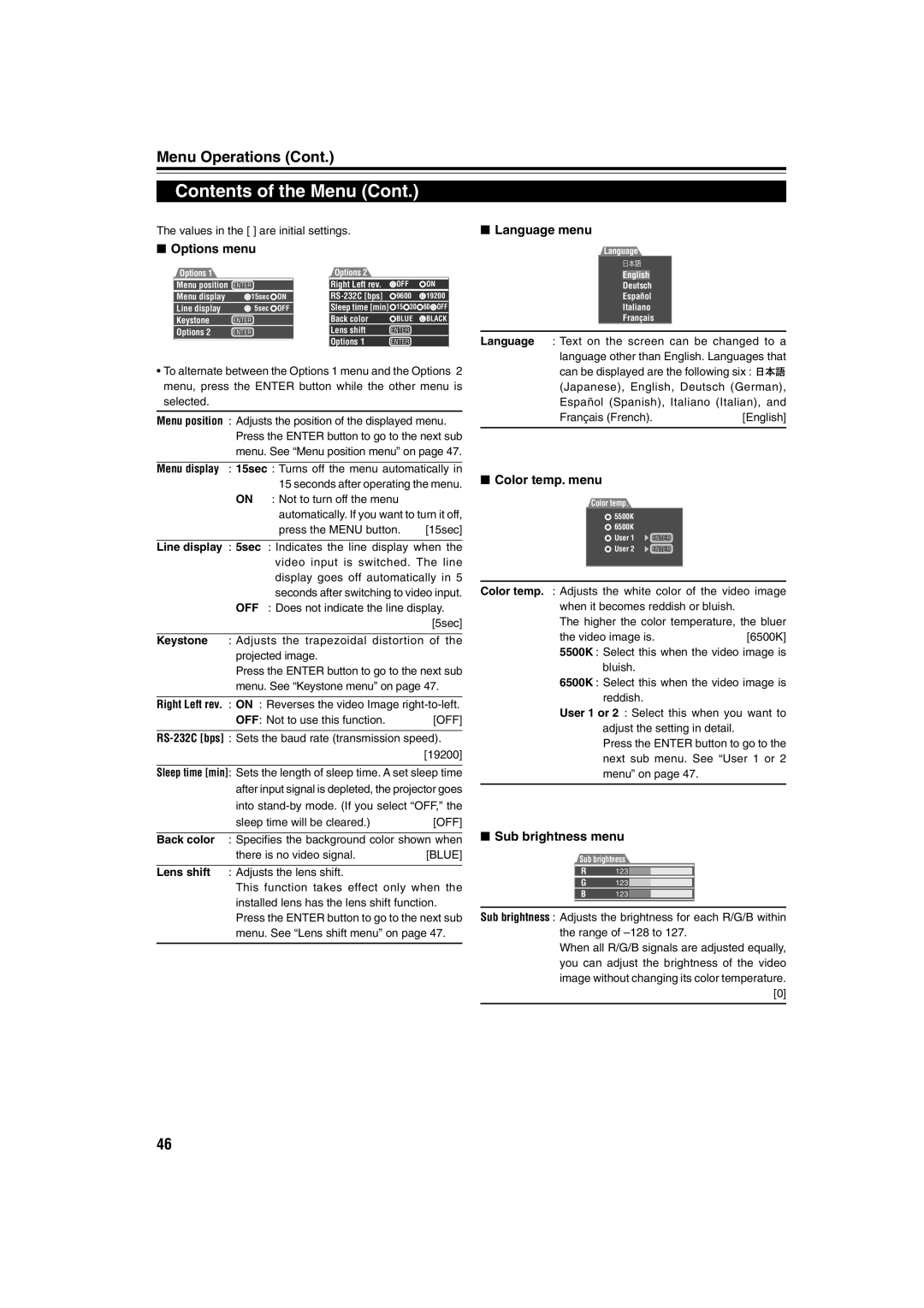 JVC DLA-QX1G manual Options menu, Language menu, Color temp. menu, Sub brightness menu 