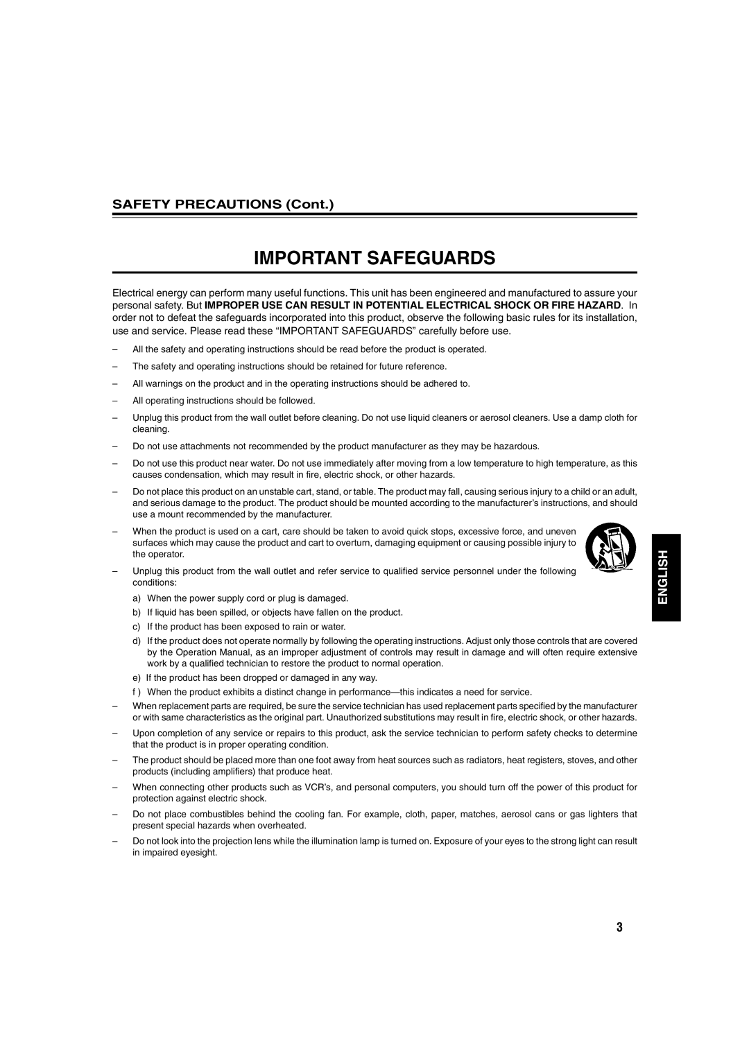 JVC DLA-QX1G manual Important Safeguards, Safety Precautions 