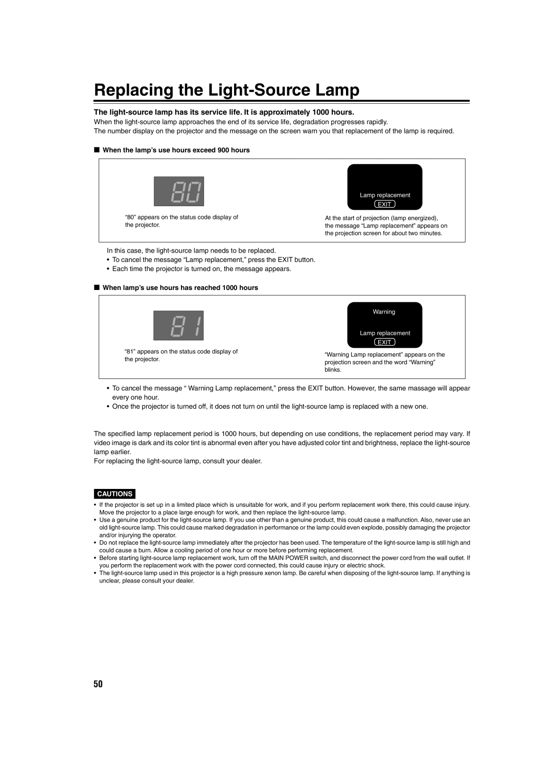 JVC DLA-QX1G manual Replacing the Light-Source Lamp, When the lamp’s use hours exceed 900 hours 