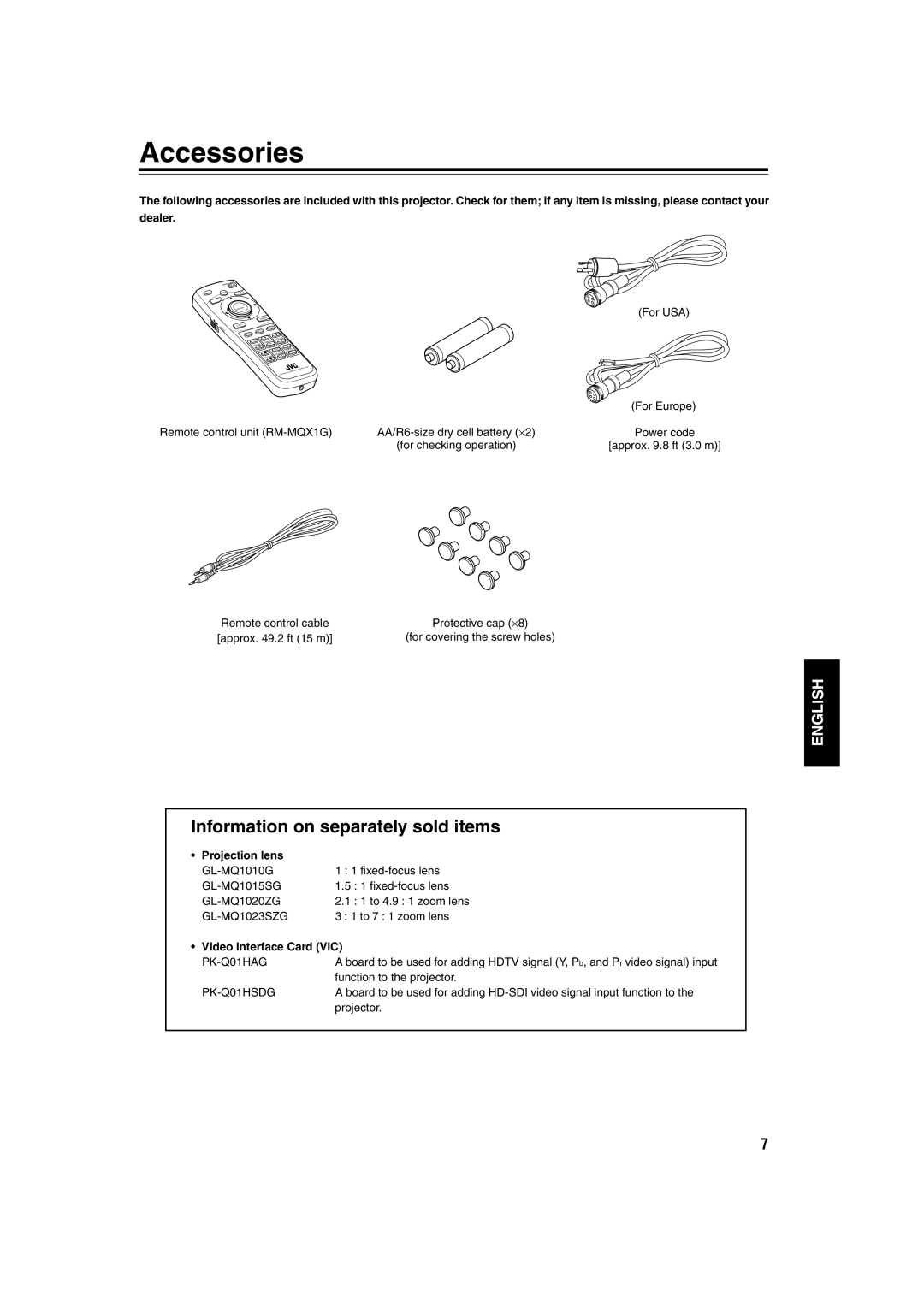 JVC DLA-QX1G manual Accessories, Information on separately sold items, Projection lens, Video Interface Card VIC 