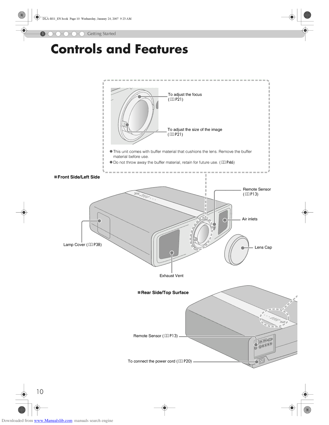 JVC DLA-RS1 manual Controls and Features, „ Front Side/Left Side, „Rear Side/Top Surface 