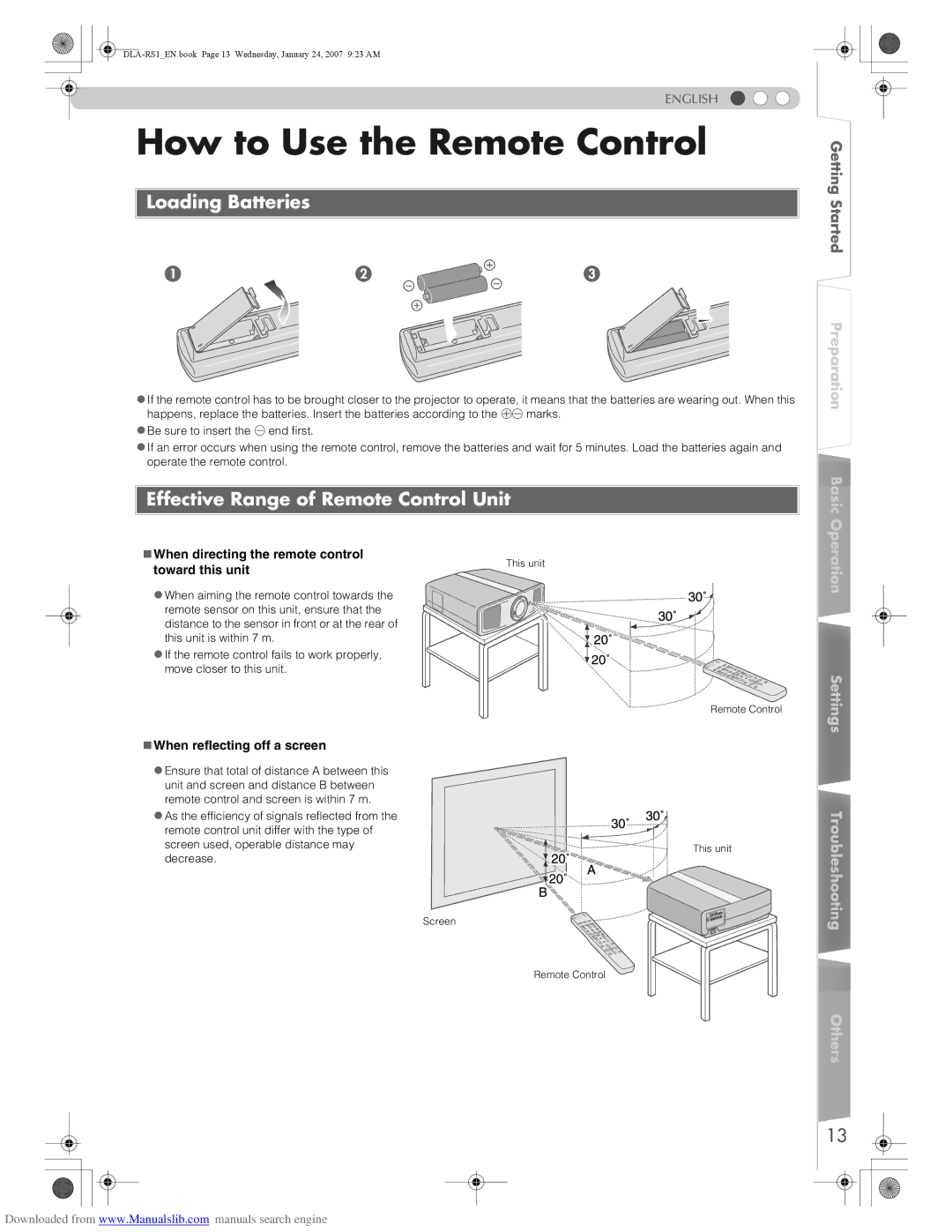 JVC DLA-RS1 manual How to Use the Remote Control, Loading Batteries, Effective Range of Remote Control Unit 