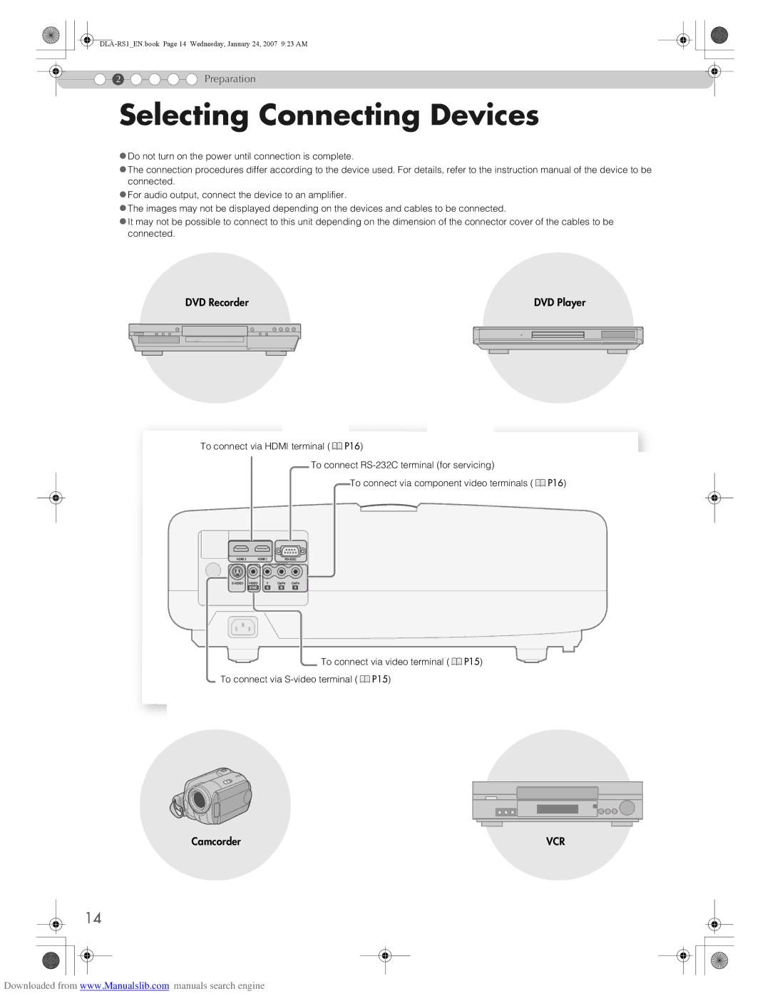 JVC DLA-RS1 manual Selecting Connecting Devices, DVD Recorder DVD Player 