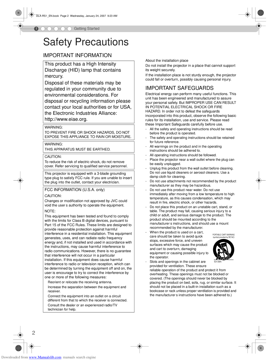 JVC DLA-RS1 manual Safety Precautions, About the installation place 