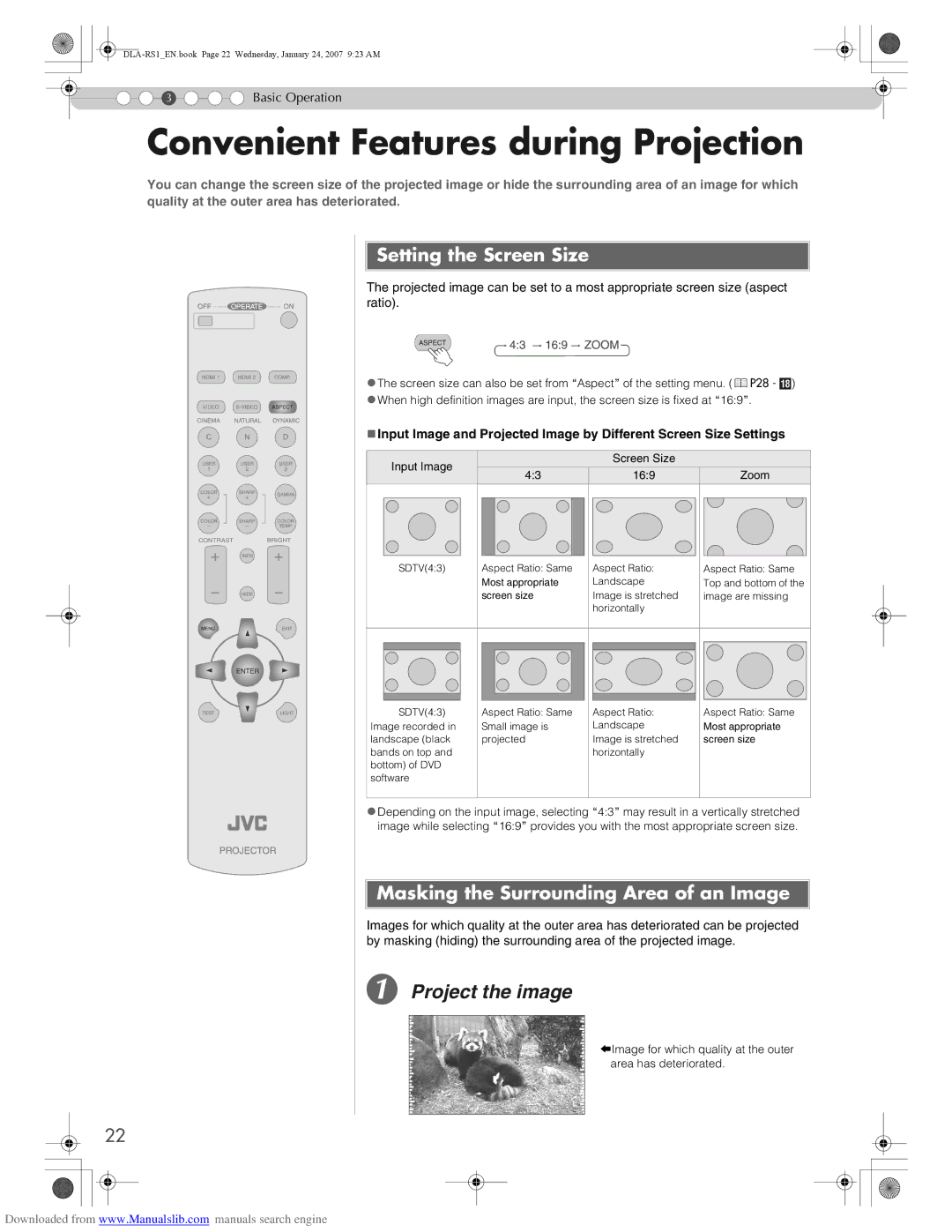 JVC DLA-RS1 manual Convenient Features during Projection, Setting the Screen Size, Masking the Surrounding Area of an Image 