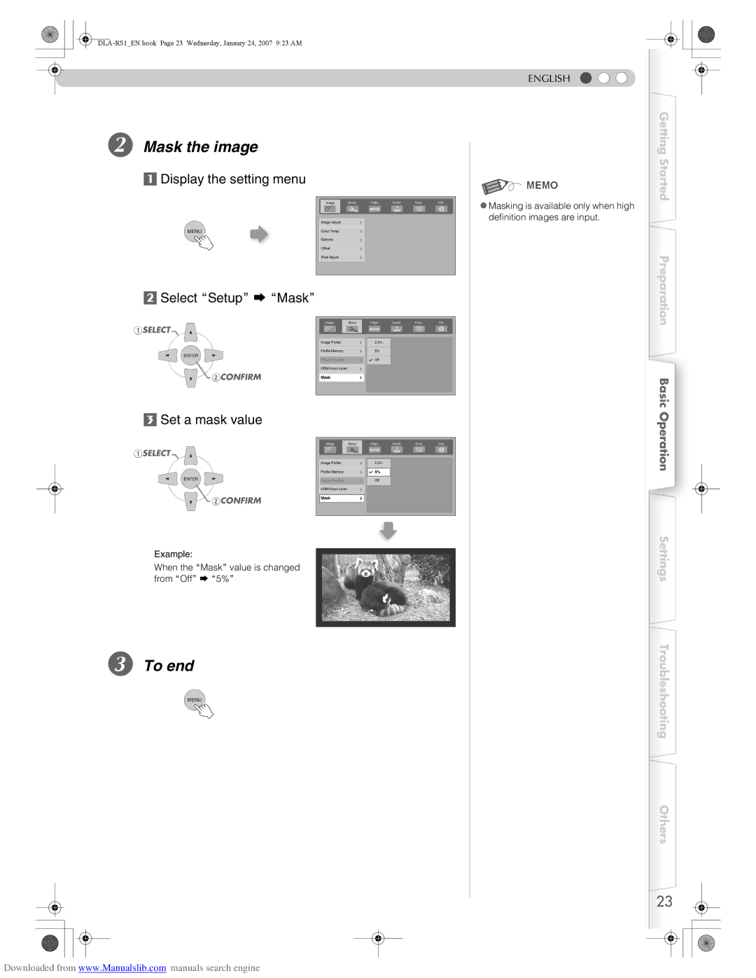 JVC DLA-RS1 manual Mask the image, To end 