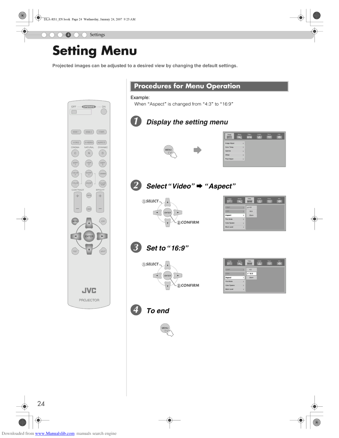 JVC DLA-RS1 manual Setting Menu, Select Video g Aspect, Set to, Procedures for Menu Operation 