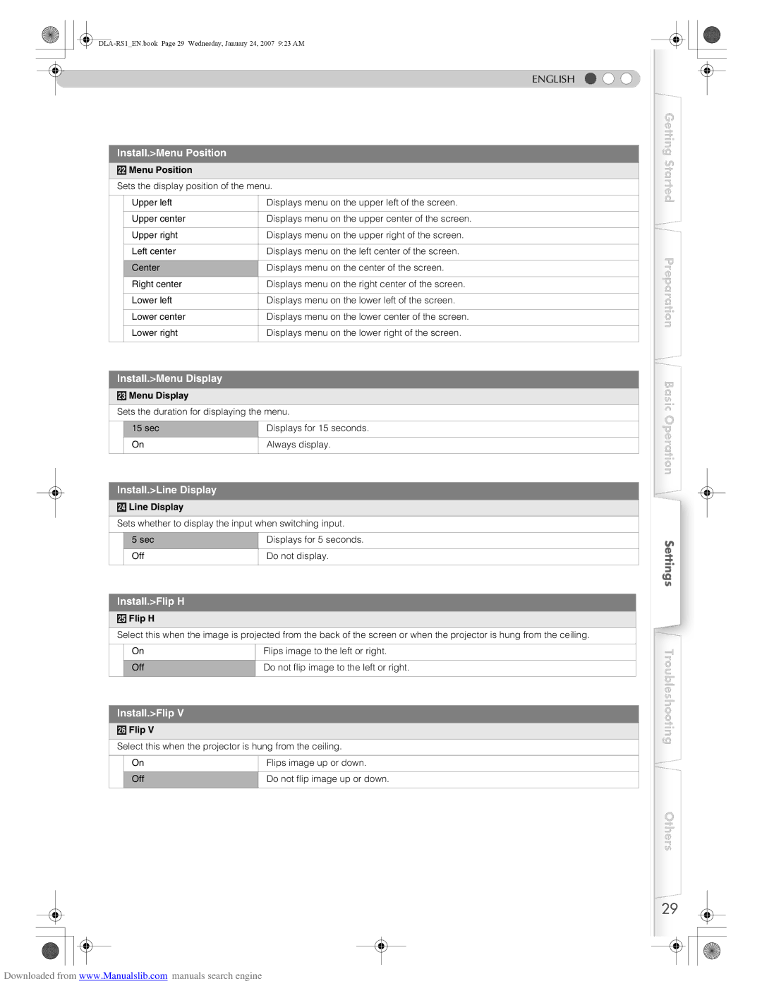 JVC DLA-RS1 manual Install.Menu Position, Install.Menu Display, Install.Line Display, Install.Flip H 