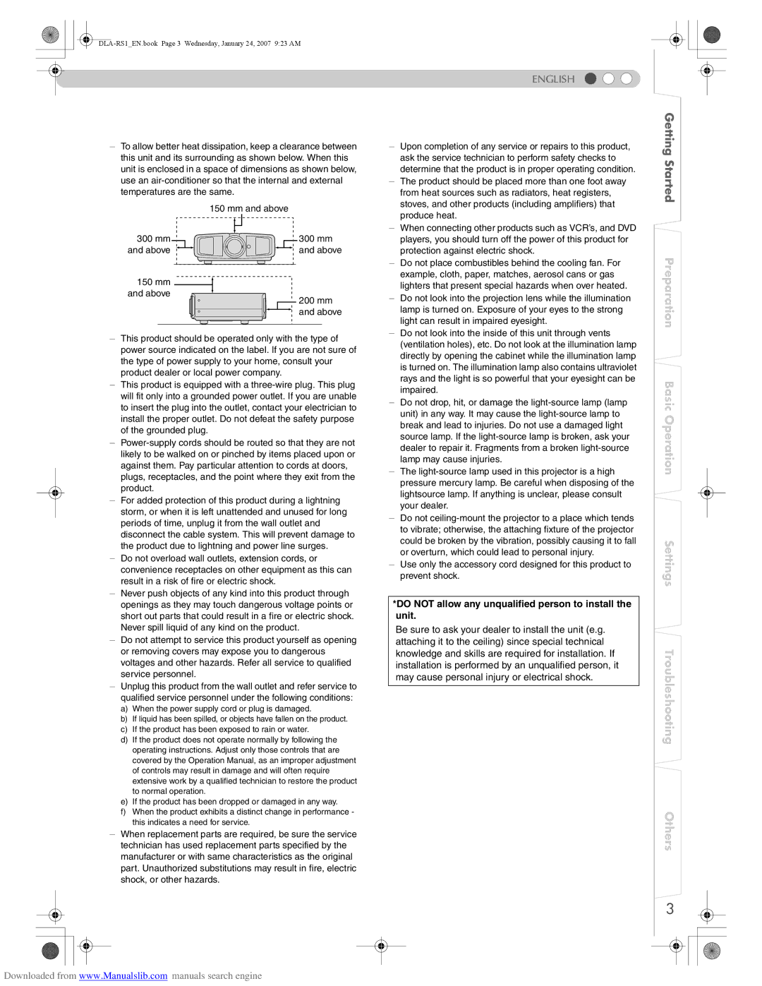 JVC DLA-RS1 manual English, Do not allow any unqualified person to install the unit 