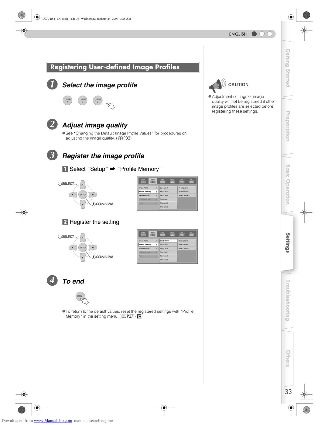 JVC DLA-RS1 manual Register the image profile, Registering User-defined Image Profiles 