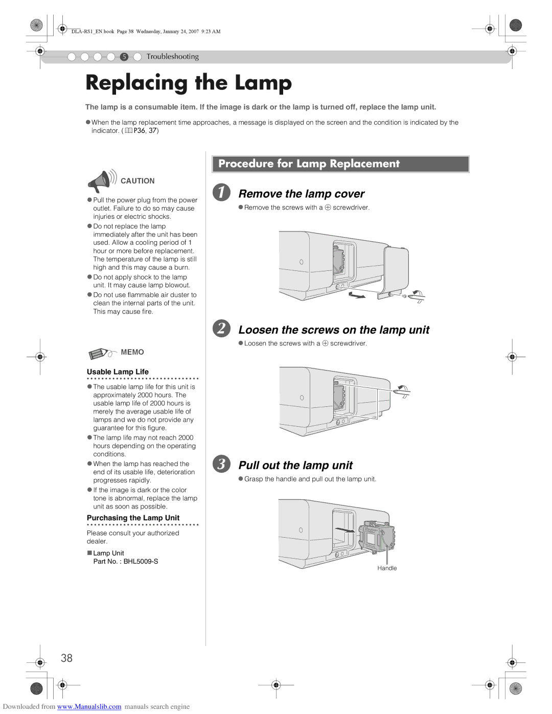 JVC DLA-RS1 manual Replacing the Lamp, Remove the lamp cover, Loosen the screws on the lamp unit, Pull out the lamp unit 