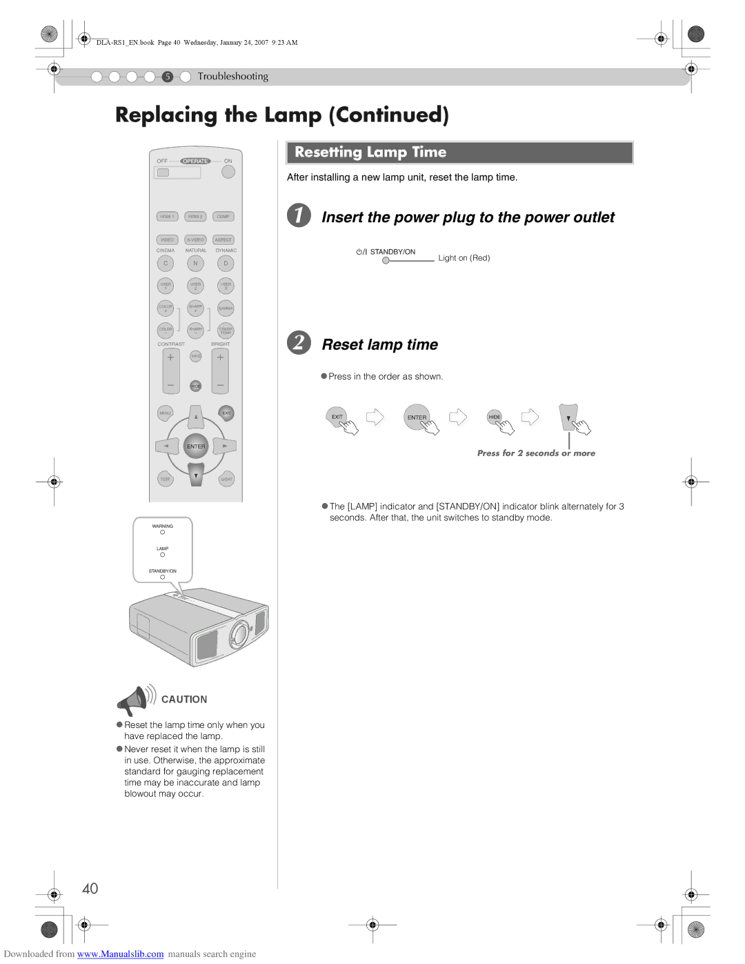 JVC DLA-RS1 manual Insert the power plug to the power outlet, Reset lamp time, Resetting Lamp Time 