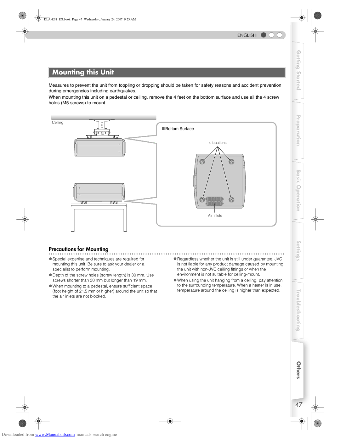 JVC DLA-RS1 manual Mounting this Unit, Precautions for Mounting 