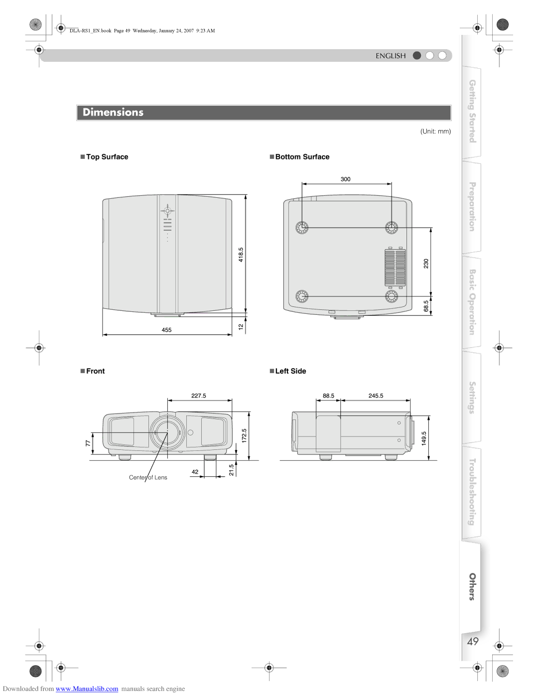 JVC DLA-RS1 manual Dimensions, „ Top Surface „ Front, „ Bottom Surface, „ Left Side 