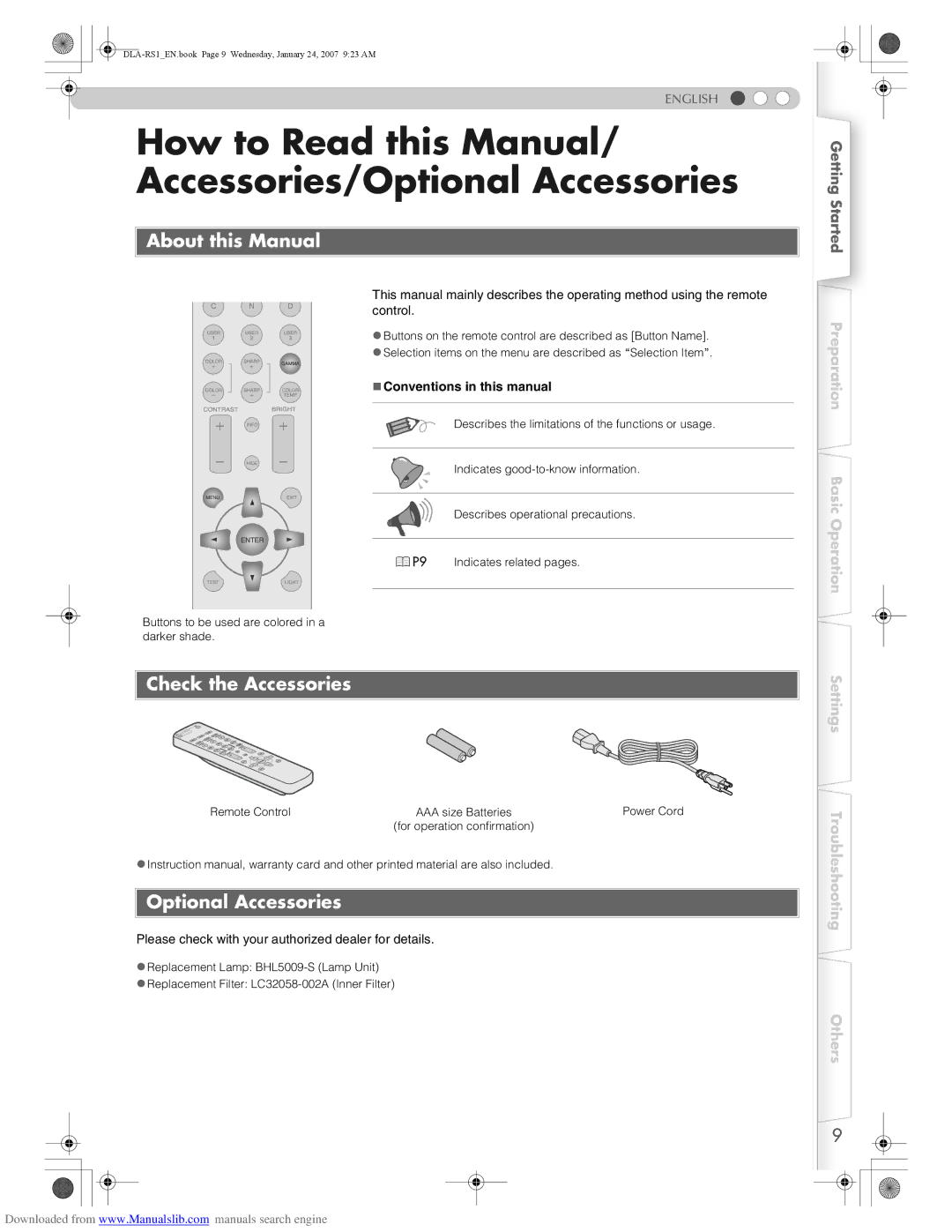 JVC DLA-RS1 manual How to Read this Manual/ Accessories/Optional Accessories, About this Manual, Check the Accessories 