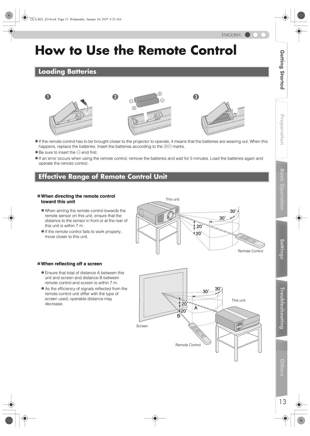 JVC DLA-RS1 manual How to Use the Remote Control, Loading Batteries, Effective Range of Remote Control Unit 