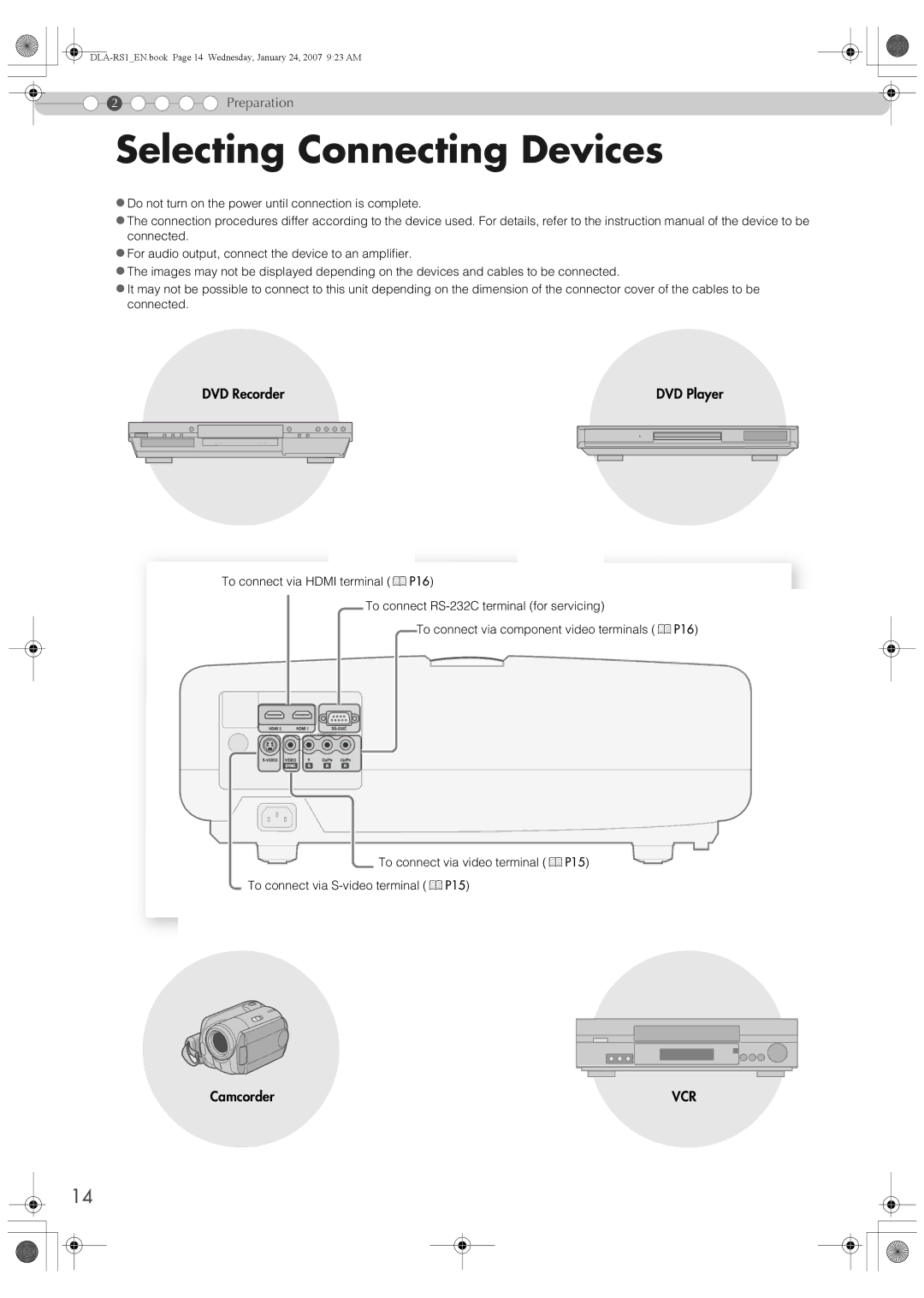 JVC DLA-RS1 manual Selecting Connecting Devices, DVD Recorder 