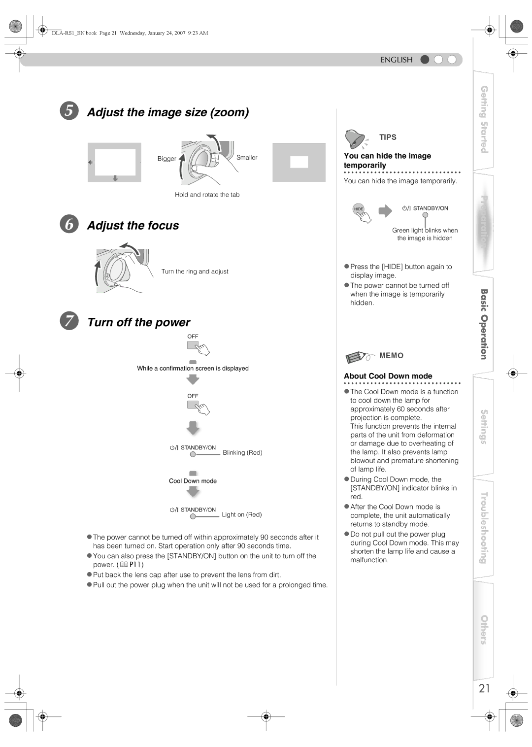 JVC DLA-RS1 manual Adjust the image size zoom, Adjust the focus, Turn off the power, You can hide the image temporarily 