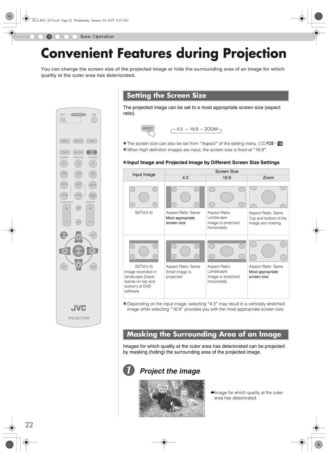 JVC DLA-RS1 manual Convenient Features during Projection, Setting the Screen Size, Masking the Surrounding Area of an Image 