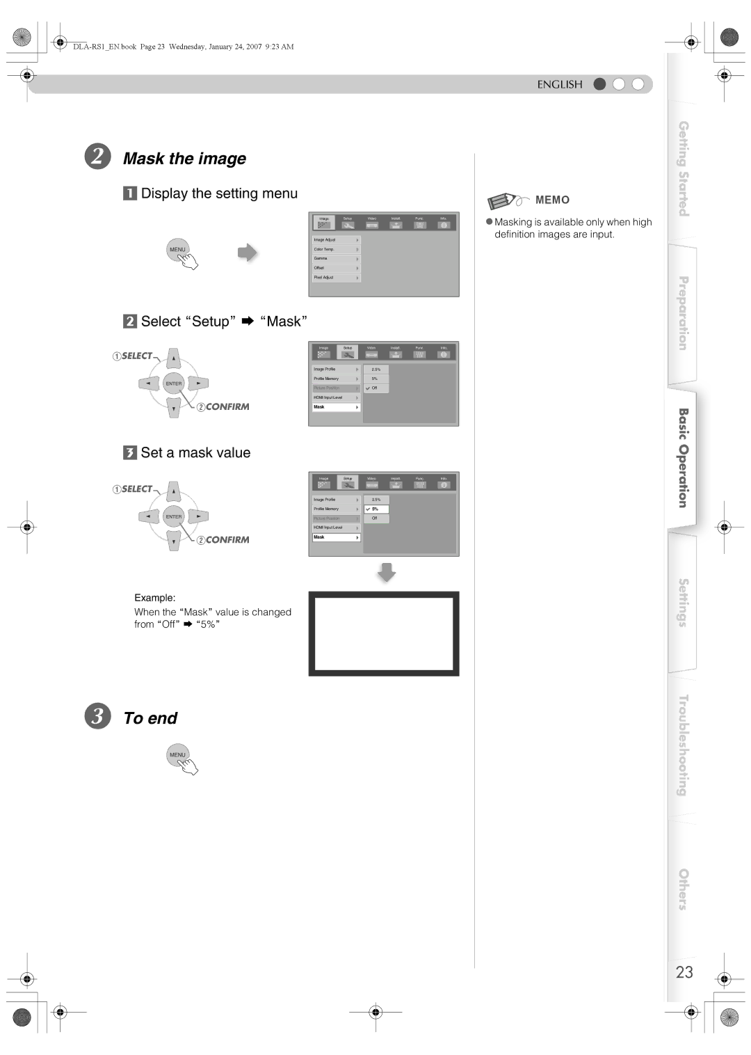JVC DLA-RS1 manual Mask the image, To end 