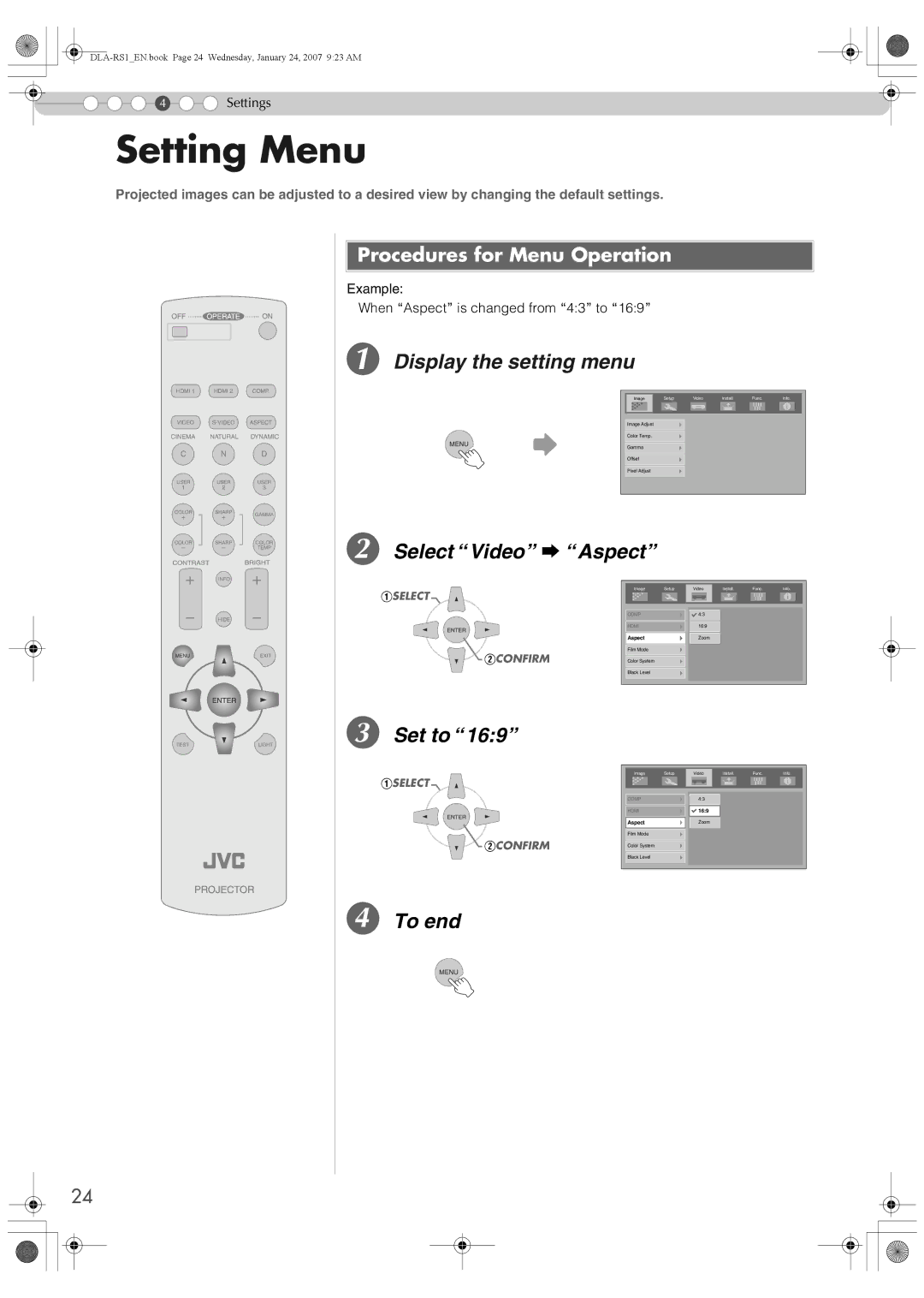 JVC DLA-RS1 manual Setting Menu, Select Video g Aspect, Set to, Procedures for Menu Operation 