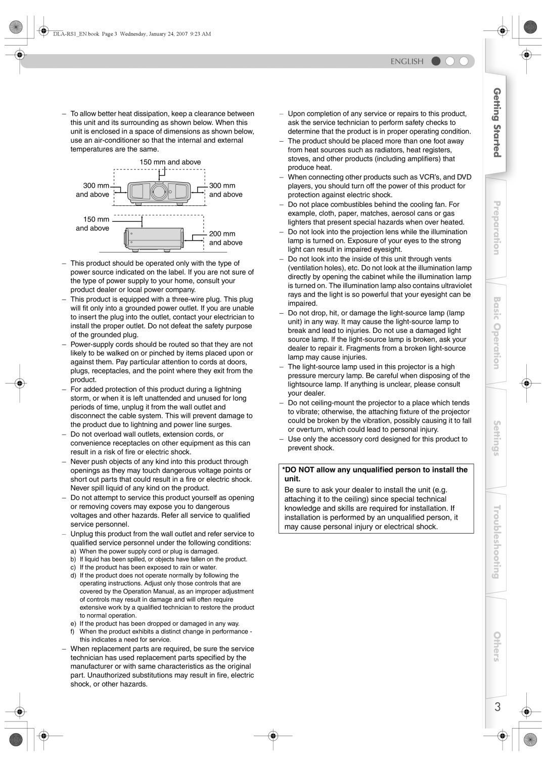 JVC DLA-RS1 manual English, Do not allow any unqualified person to install the unit 