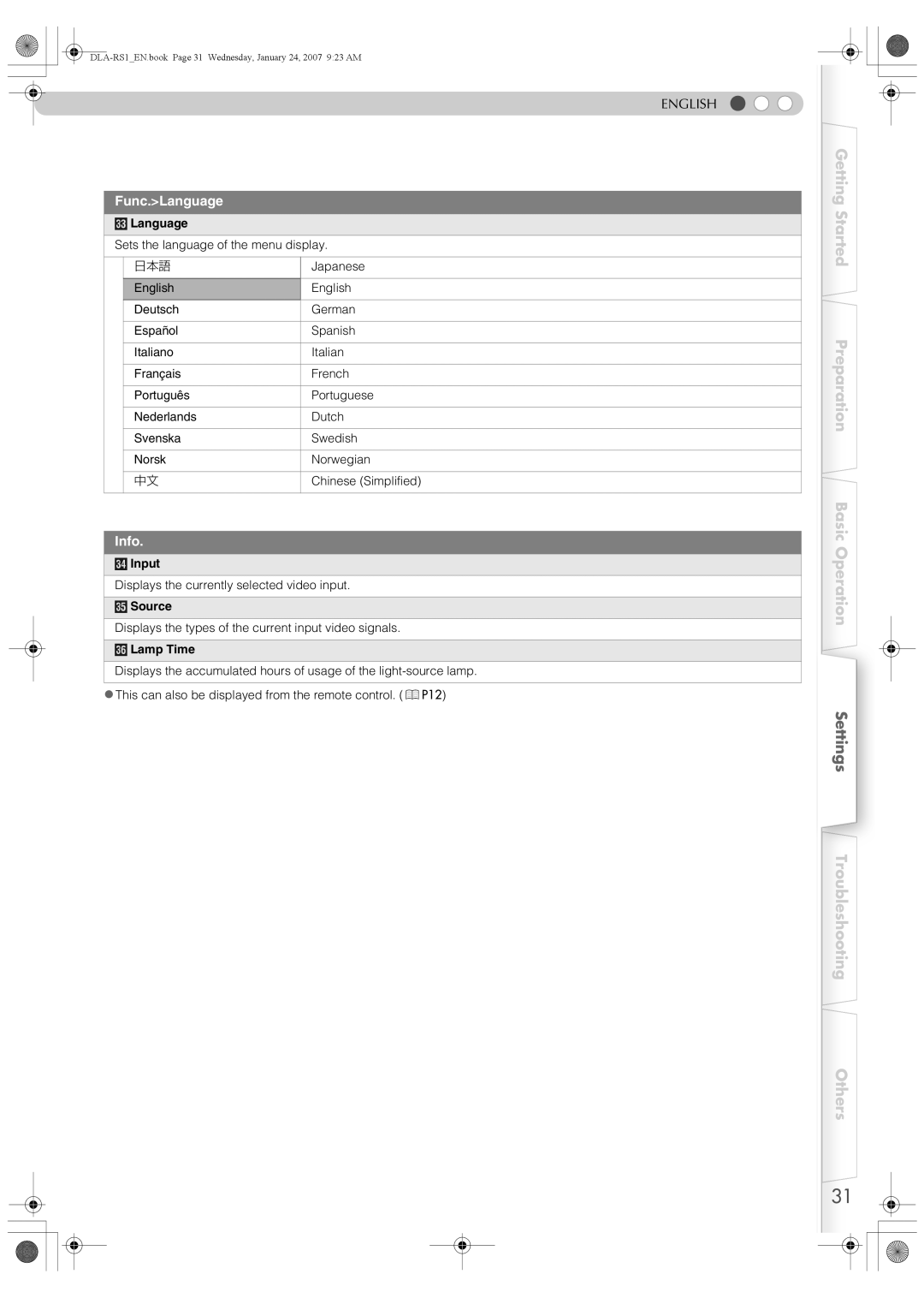 JVC DLA-RS1 manual Func.Language, Info 