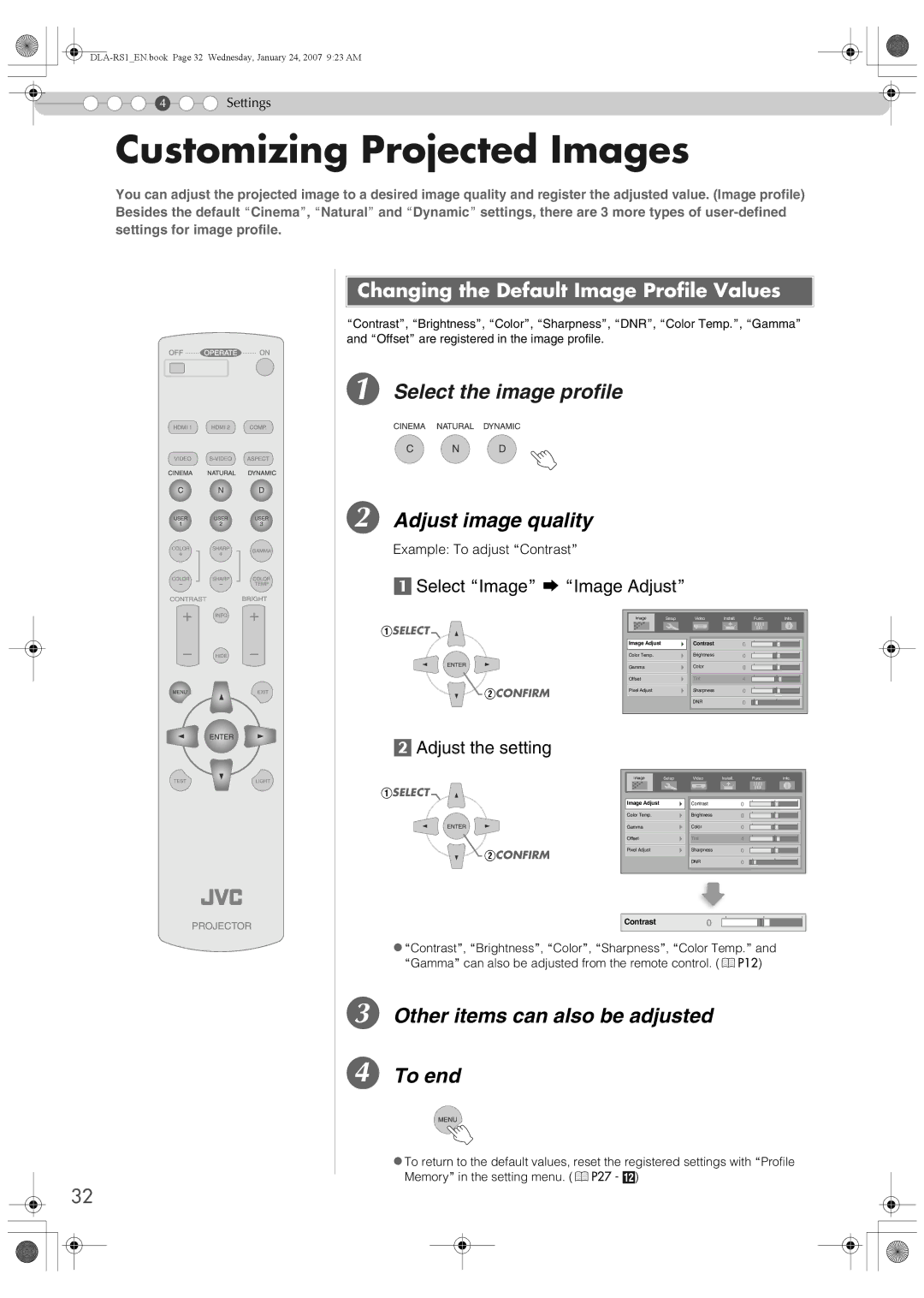 JVC DLA-RS1 manual Customizing Projected Images, Adjust image quality, Other items can also be adjusted To end 