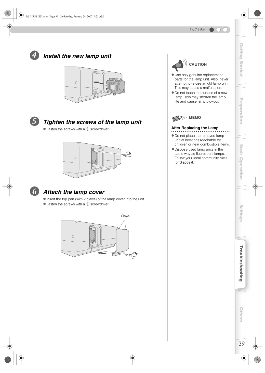 JVC DLA-RS1 manual Attach the lamp cover, After Replacing the Lamp 