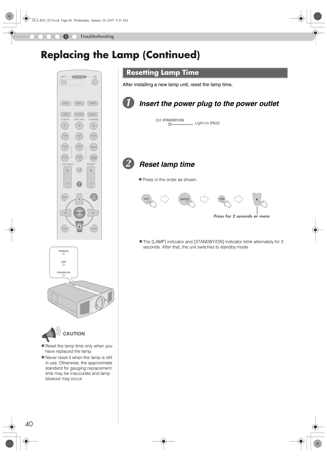 JVC DLA-RS1 manual Insert the power plug to the power outlet, Reset lamp time, Resetting Lamp Time 