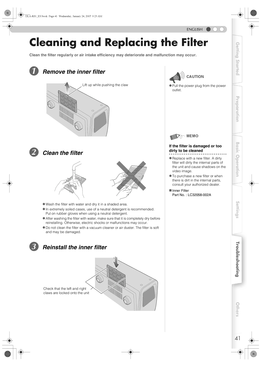 JVC DLA-RS1 manual Cleaning and Replacing the Filter, Remove the inner filter, Clean the filter, Reinstall the inner filter 