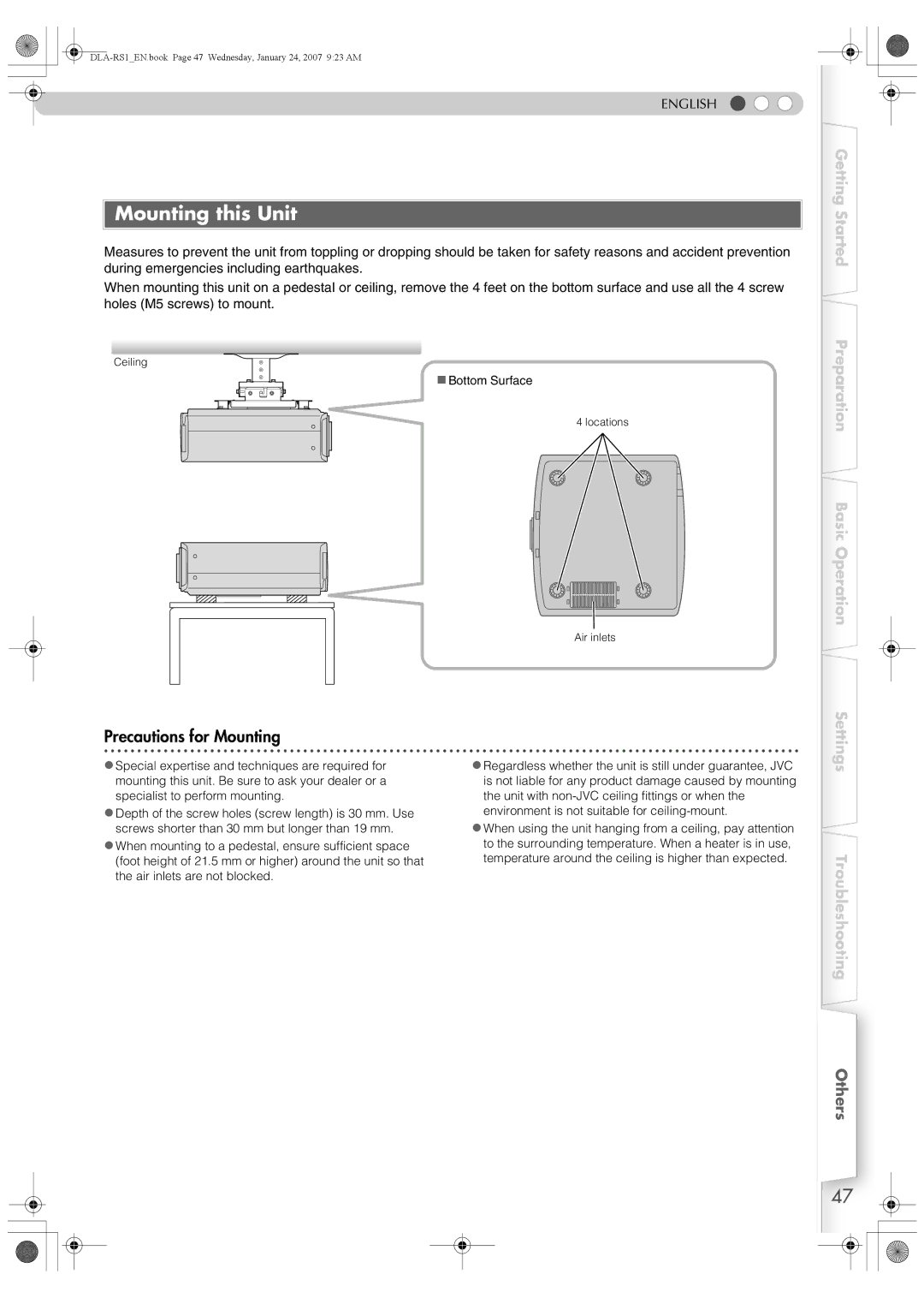 JVC DLA-RS1 manual Mounting this Unit, Precautions for Mounting 