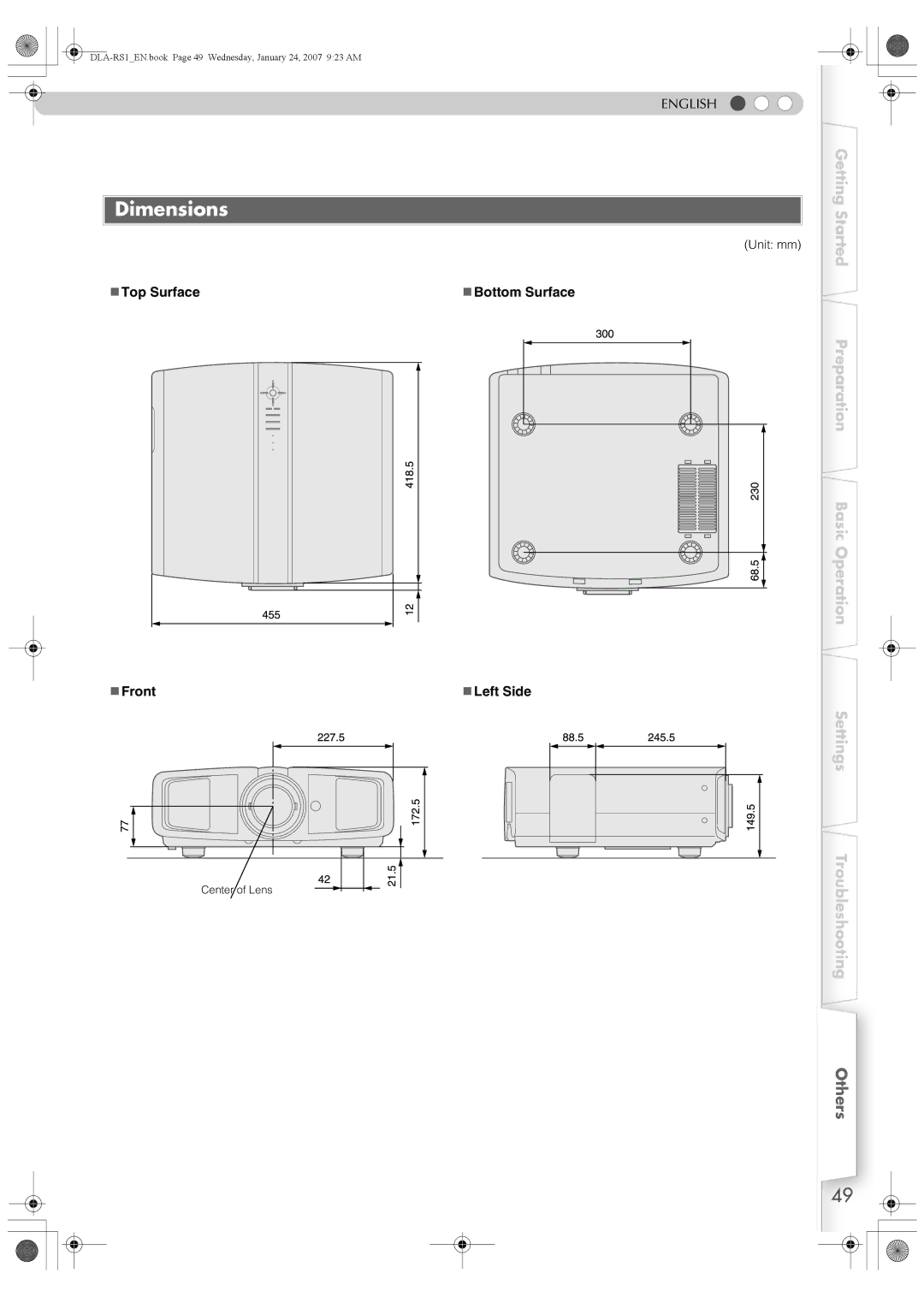 JVC DLA-RS1 manual Dimensions, „ Top Surface „ Front, „ Bottom Surface, „ Left Side 