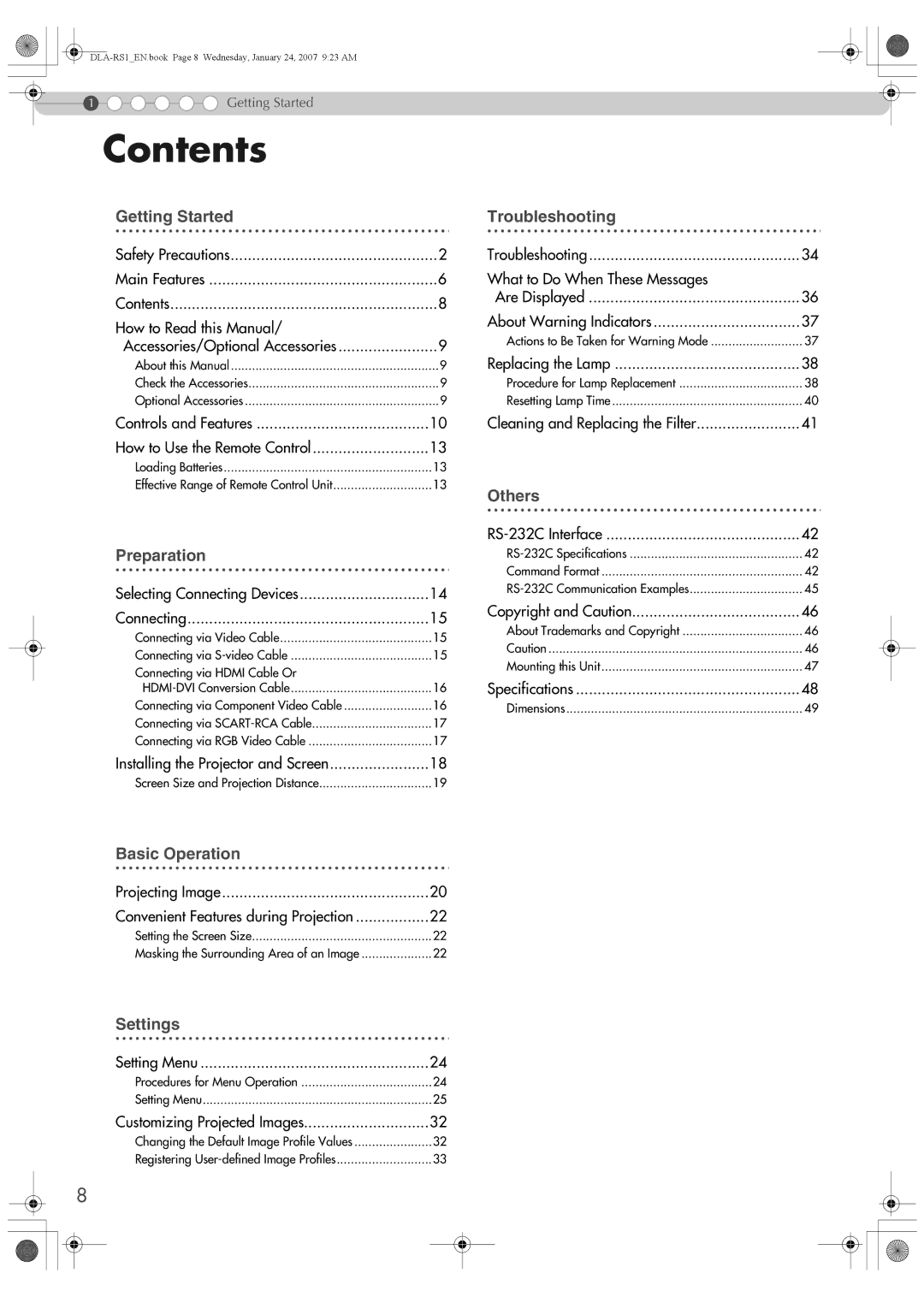 JVC DLA-RS1 manual Contents 