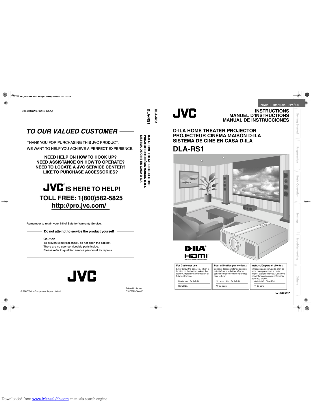 JVC DLA-RS1 manual D-Ilahome Theater Projector, Projecteur Cinéma Maison D-Ila, Sistema De Cine En Casa D-Ila, Getting 