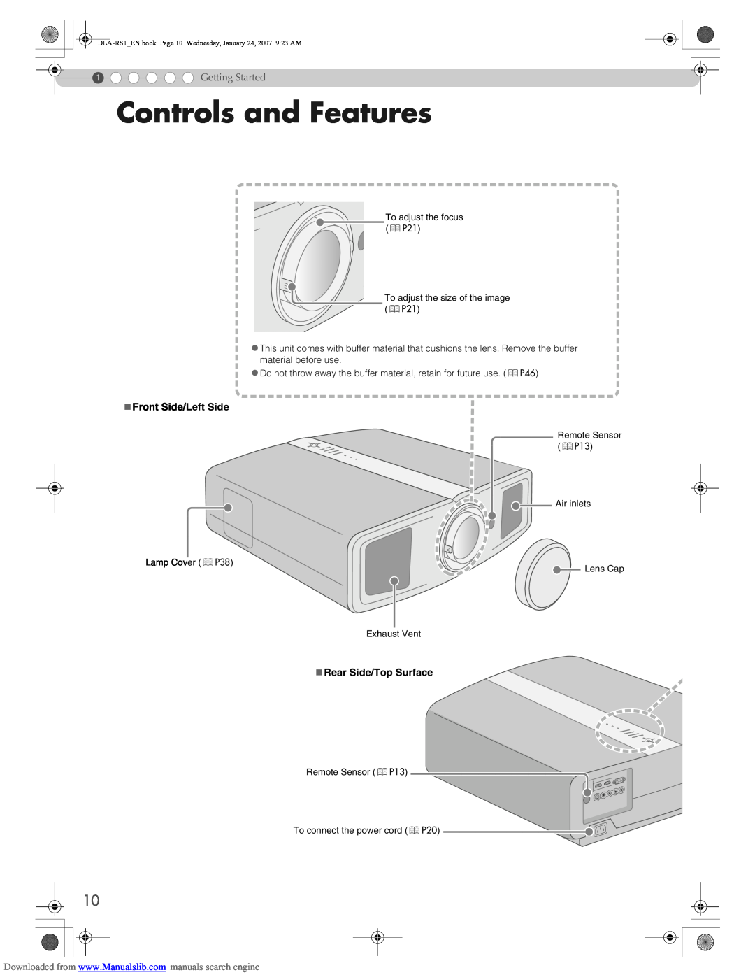 JVC DLA-RS1 manual Controls and Features, „Front Side/Left Side, „Rear Side/Top Surface 