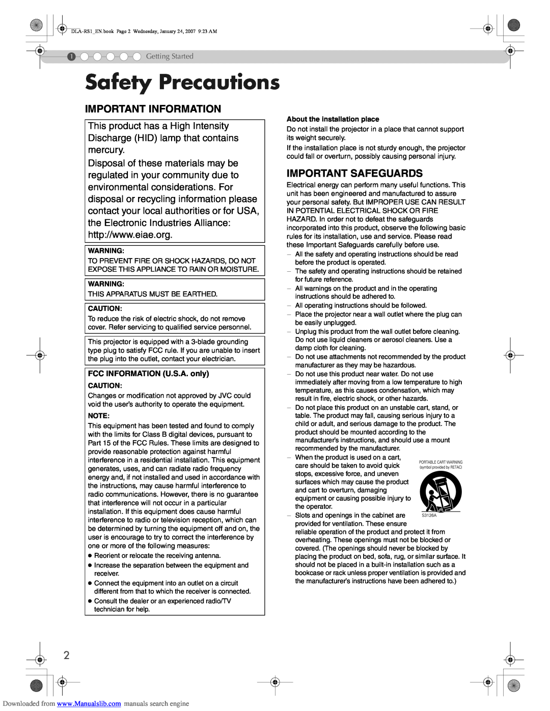 JVC DLA-RS1 manual Safety Precautions, Important Information, Important Safeguards 