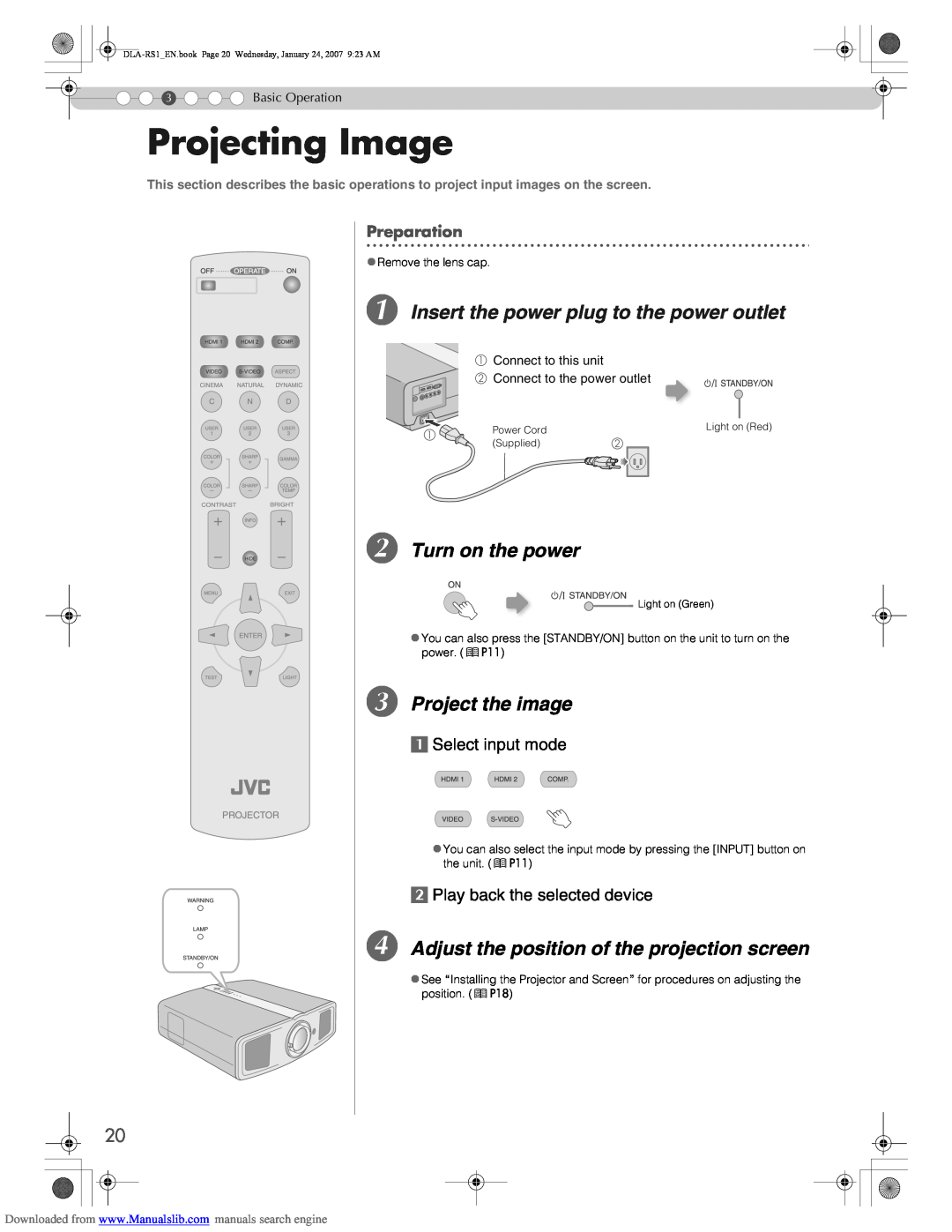JVC DLA-RS1 manual Projecting Image, A Insert the power plug to the power outlet, B Turn on the power, C Project the image 