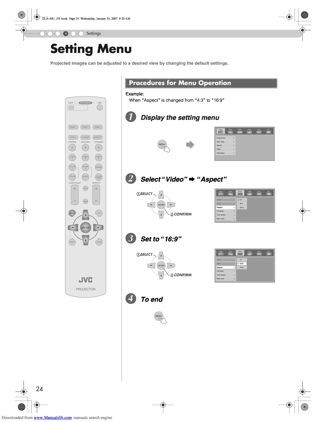 JVC DLA-RS1 Setting Menu, A Display the setting menu, B Select “Video” g “Aspect”, C Set to “16 9”, D To end, Settings 