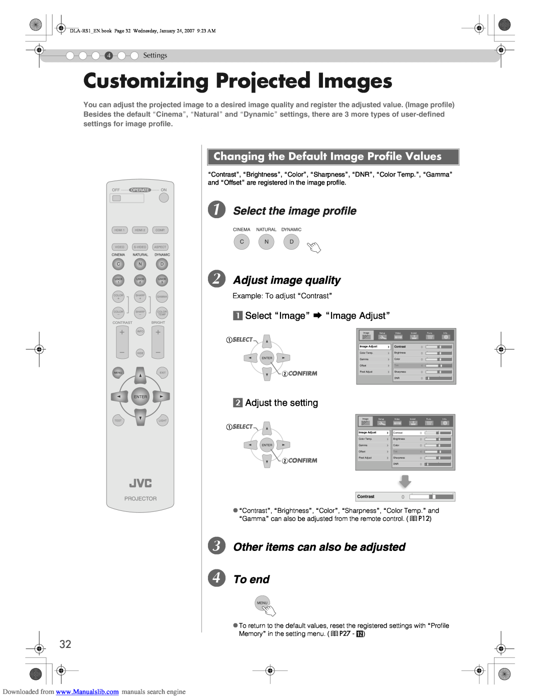 JVC DLA-RS1 manual Customizing Projected Images, A Select the image profile, B Adjust image quality, Settings 