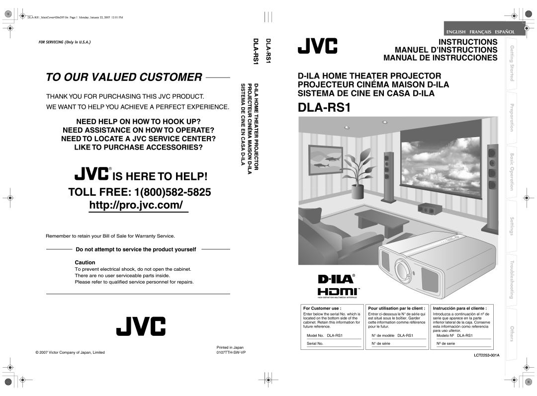 JVC DLA-RS1 manual D-Ilahome Theater Projector, Projecteur Cinéma Maison D-Ila, Sistema De Cine En Casa D-Ila, Getting 