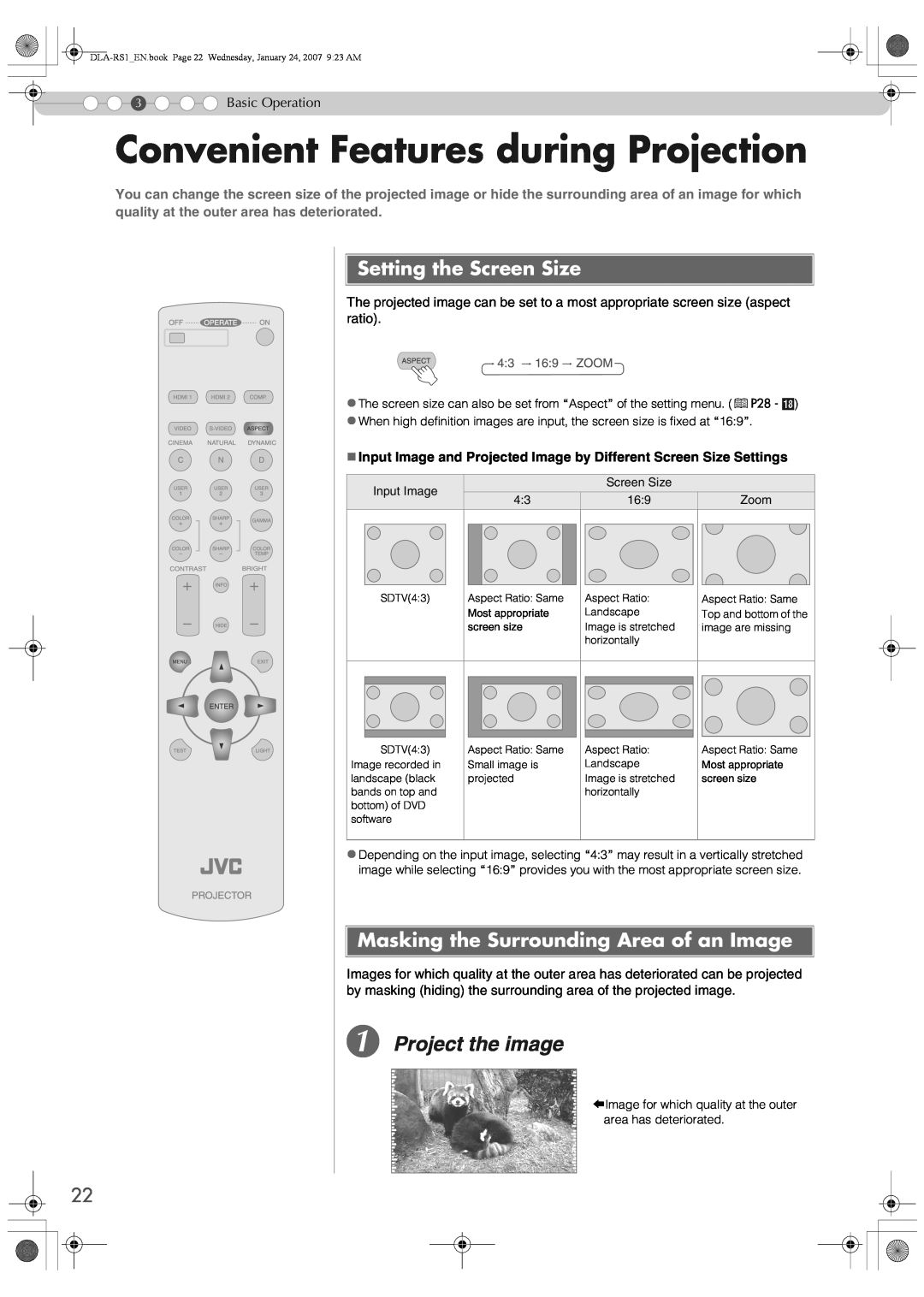 JVC DLA-RS1 manual Convenient Features during Projection, A Project the image, Setting the Screen Size, Basic Operation 