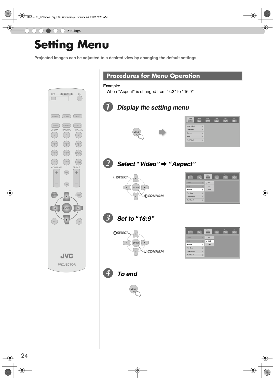 JVC DLA-RS1 Setting Menu, A Display the setting menu, B Select “Video” g “Aspect”, C Set to “169”, D To end, Settings 