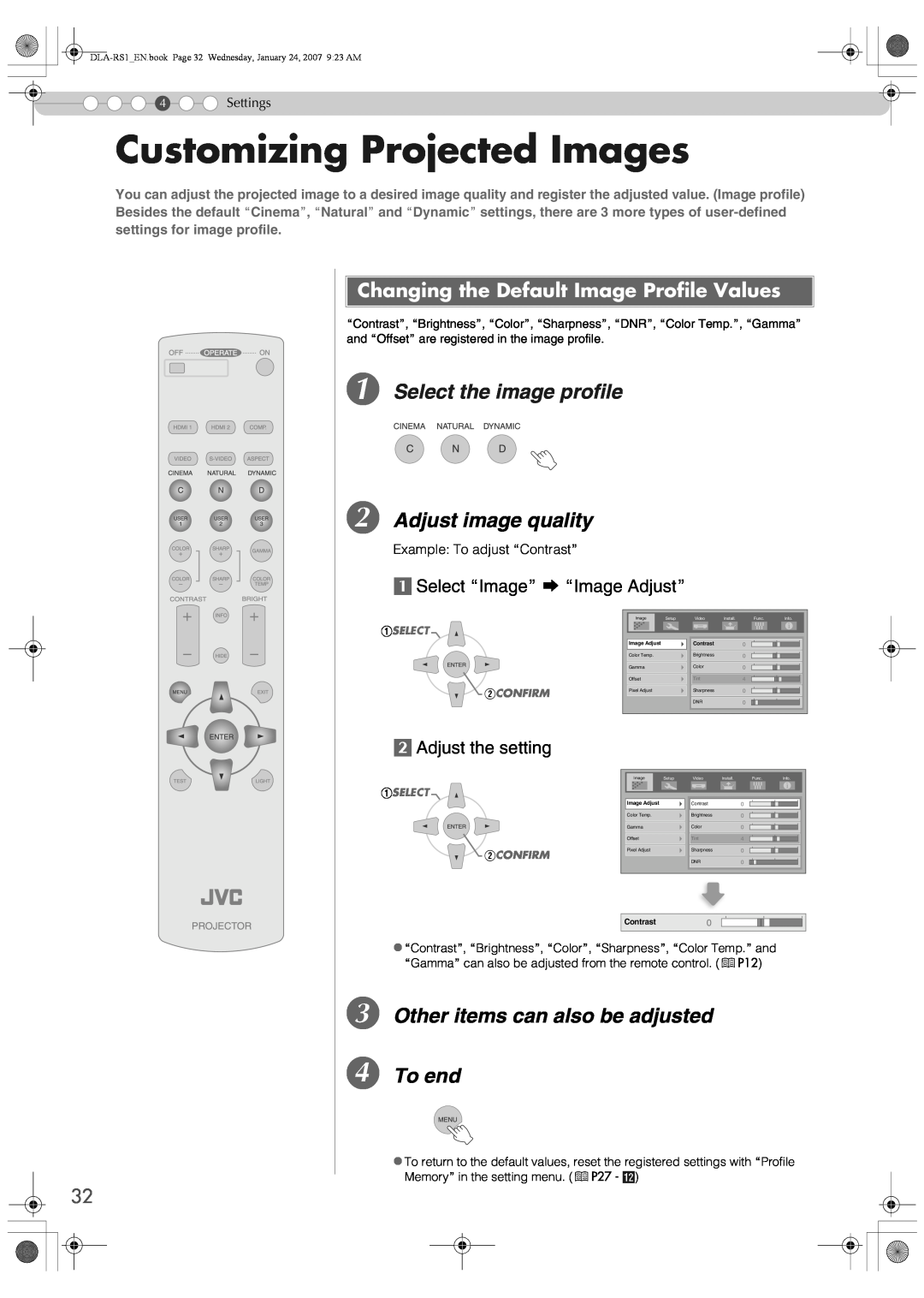 JVC DLA-RS1 manual Customizing Projected Images, A Select the image profile, B Adjust image quality, b Adjust the setting 