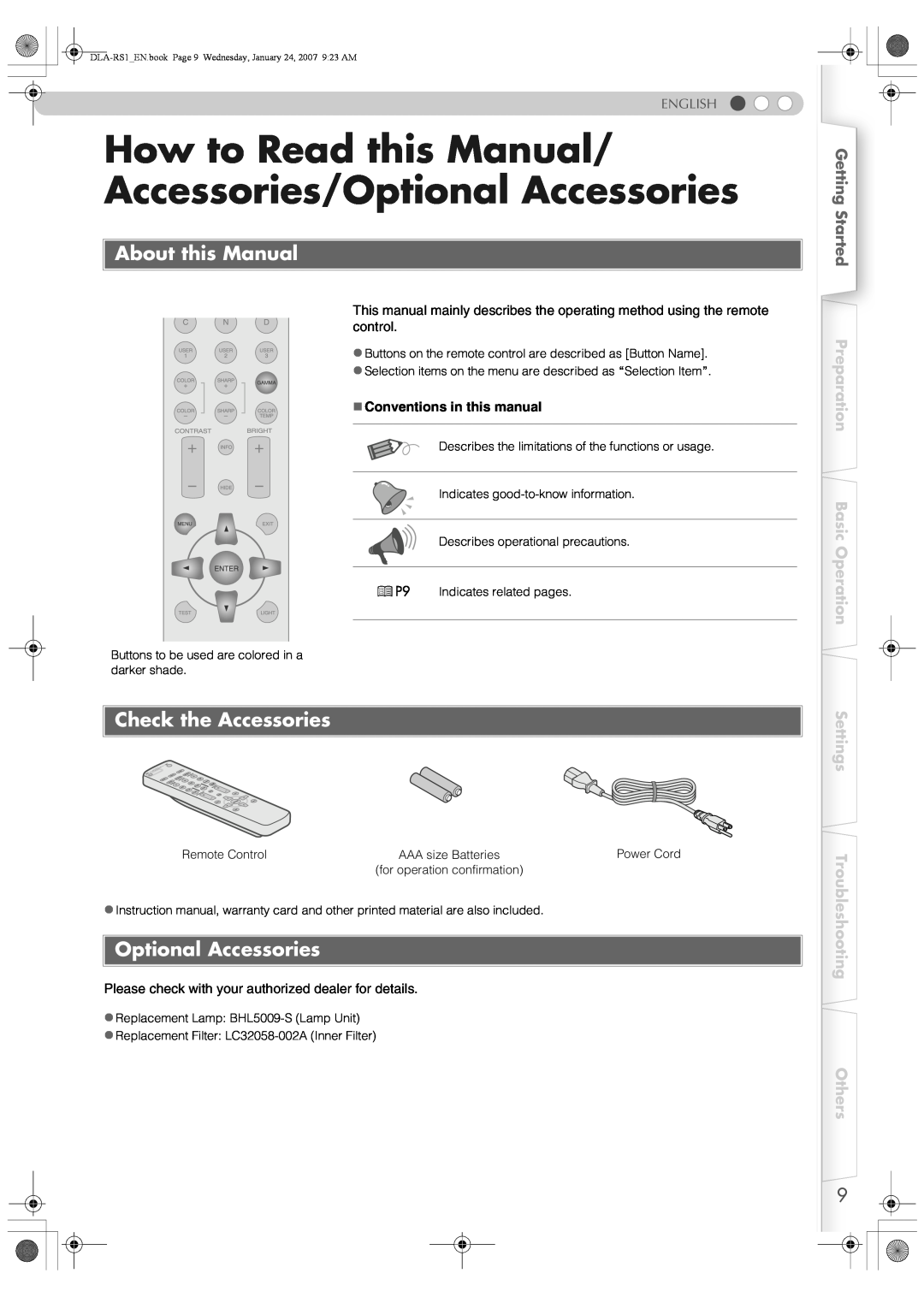 JVC DLA-RS1 How to Read this Manual/ Accessories/Optional Accessories, About this Manual, Check the Accessories, English 
