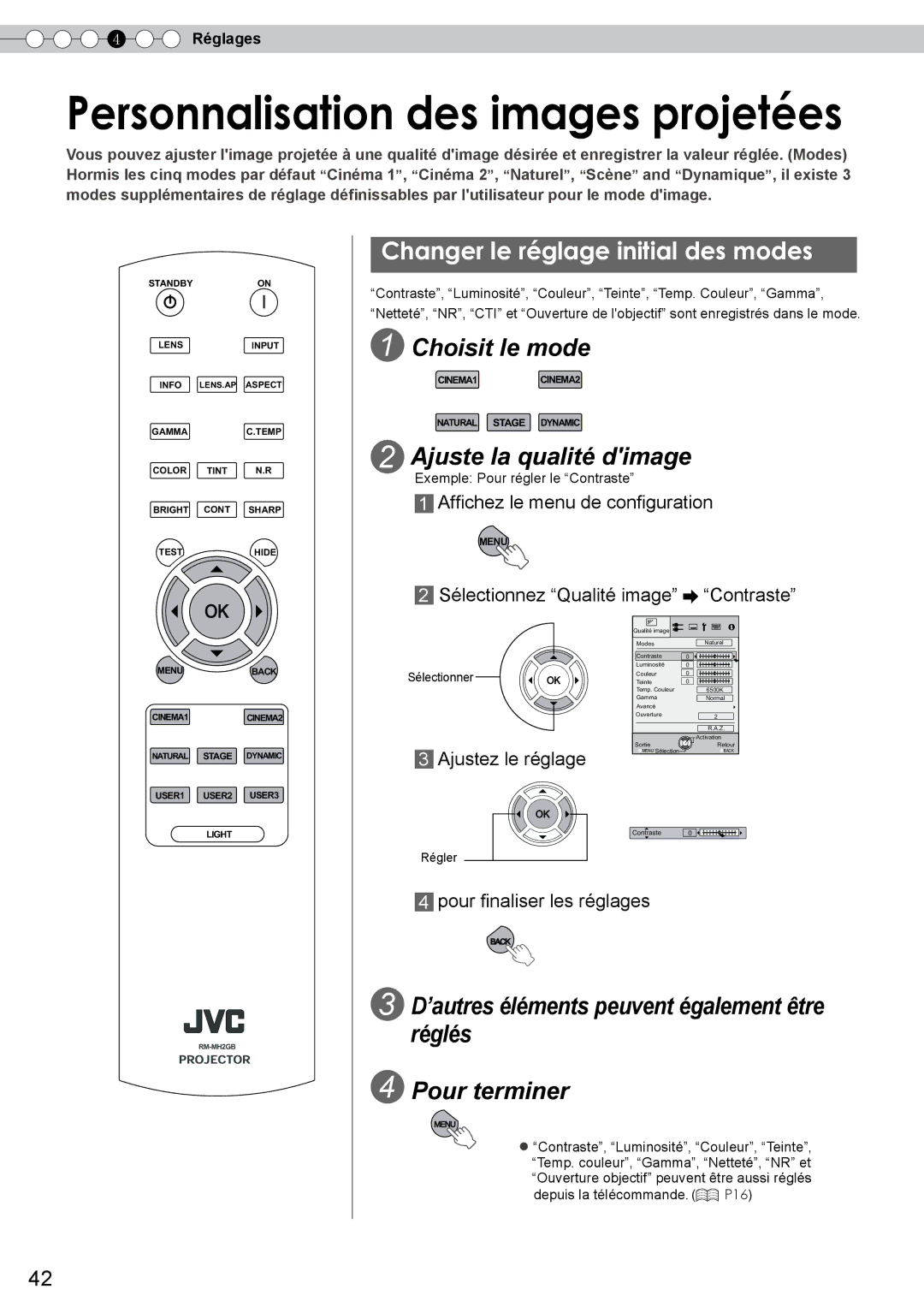 JVC DLA-RS10 manual Changer le réglage initial des modes, Choisit le mode, Ajuste la qualité dimage 