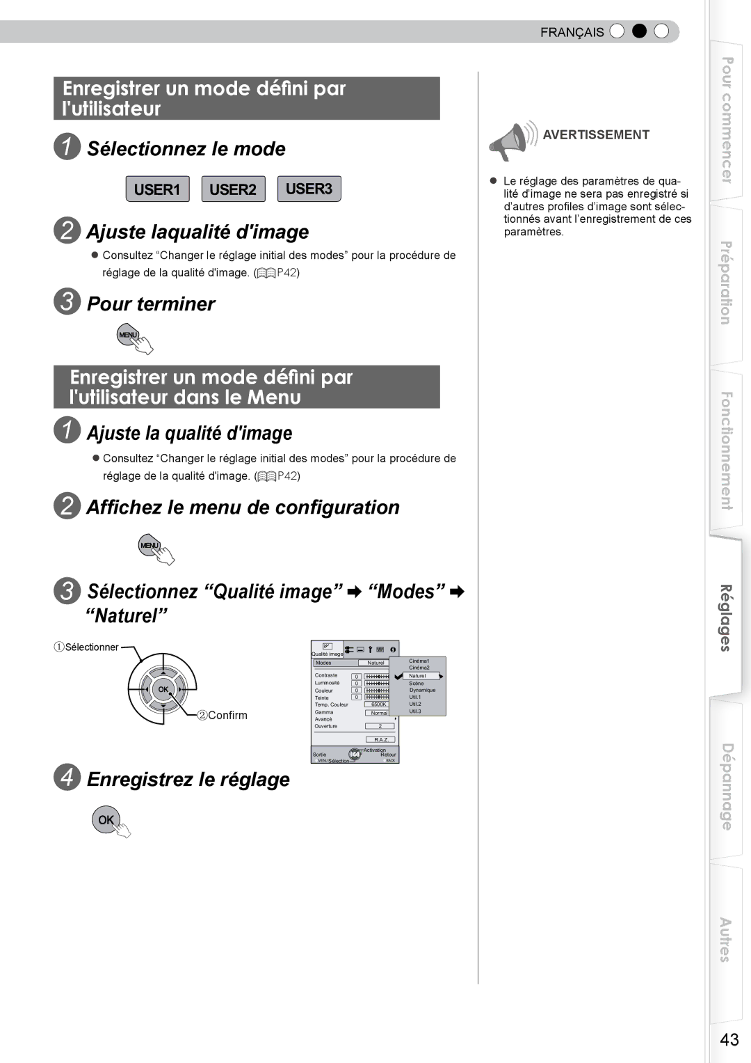 JVC DLA-RS10 manual Enregistrer un mode défini par lutilisateur dans le Menu 