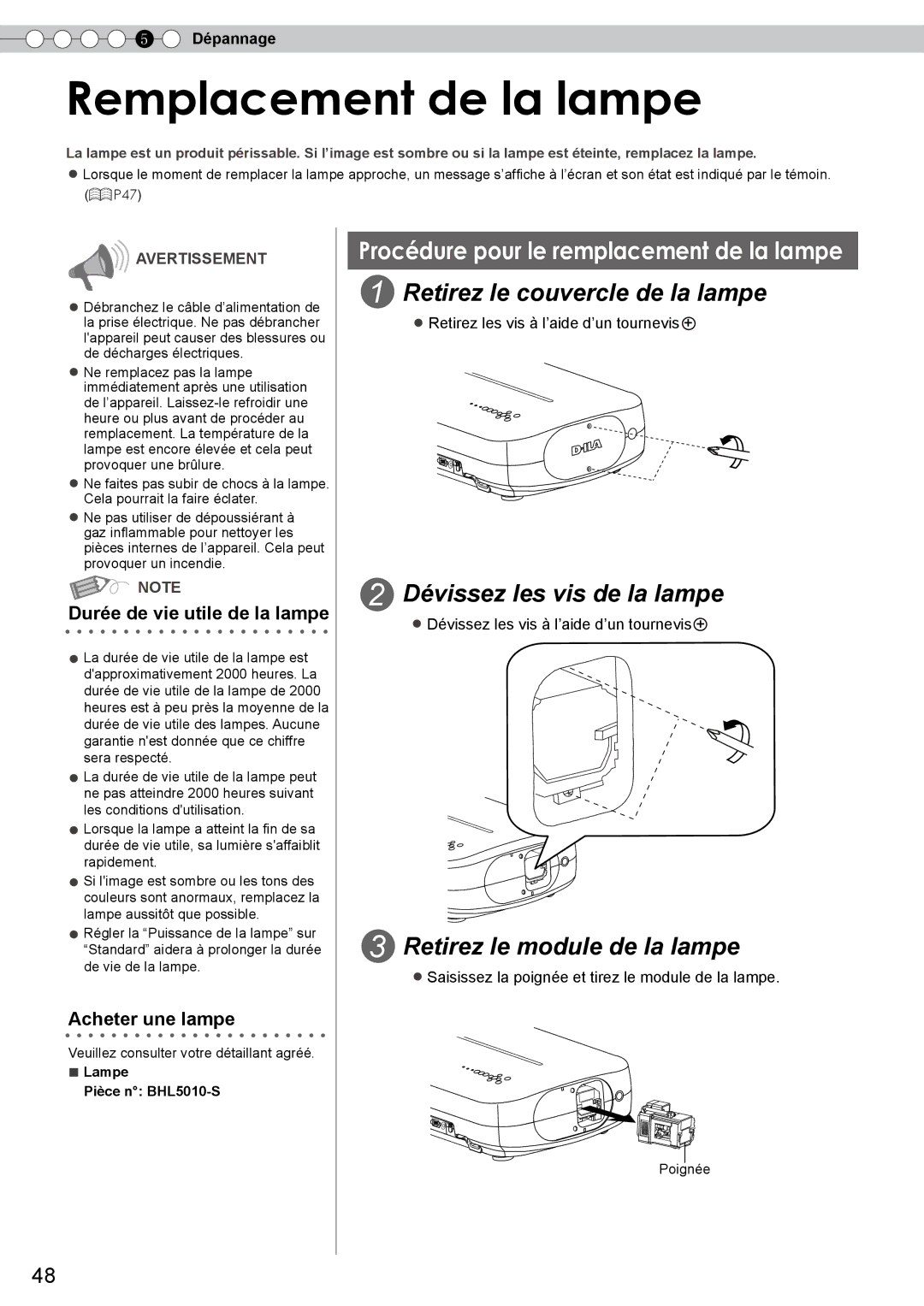 JVC DLA-RS10 manual Remplacement de la lampe, Retirez le couvercle de la lampe, Dévissez les vis de la lampe 