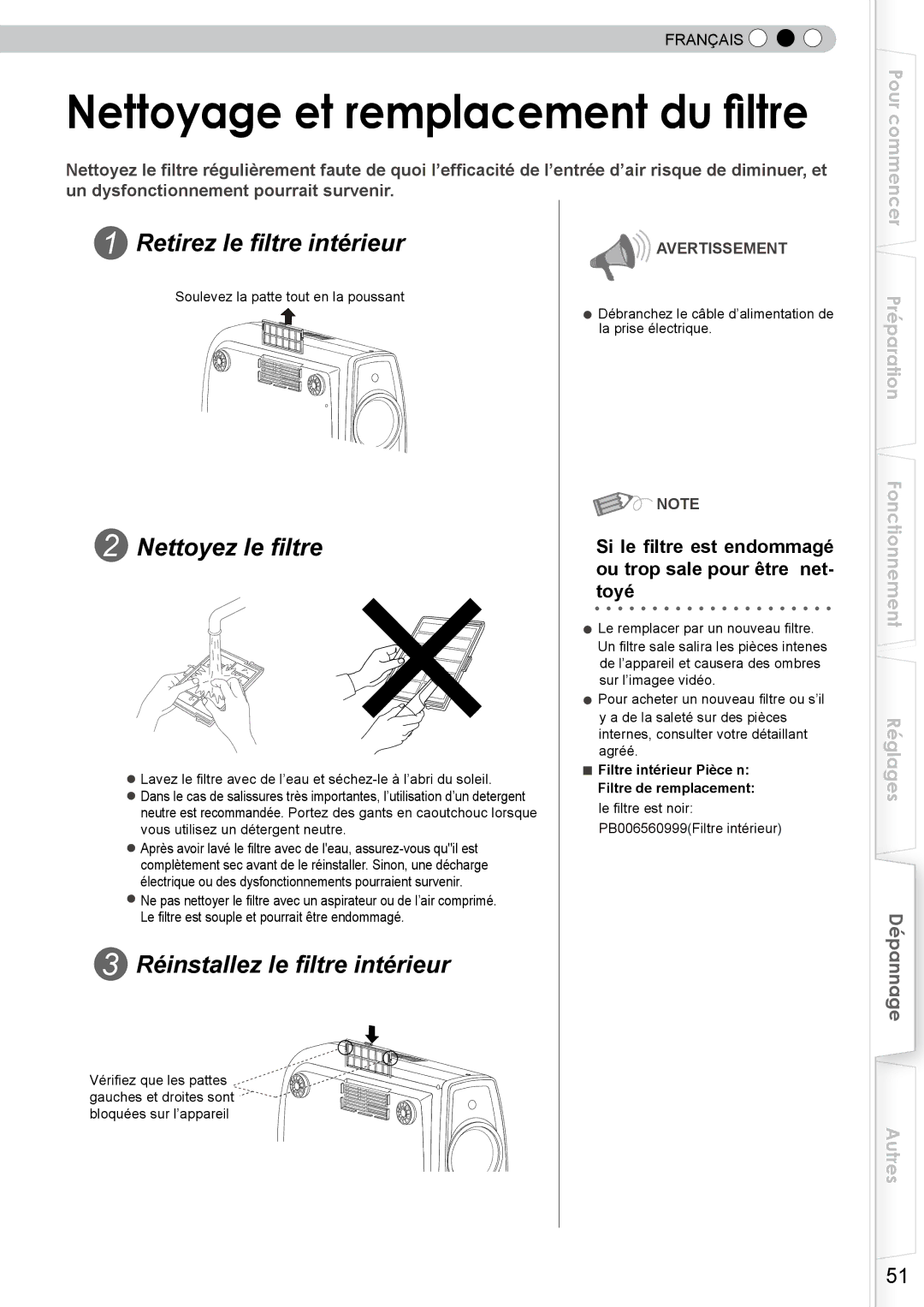 JVC DLA-RS10 manual Retirez le filtre intérieur, Nettoyez le filtre, Réinstallez le filtre intérieur 