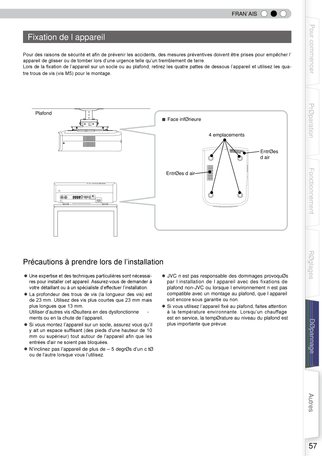 JVC DLA-RS10 manual Fixation de l’appareil, Face inférieure, Emplacements Entrées ’air Entrées d’air 